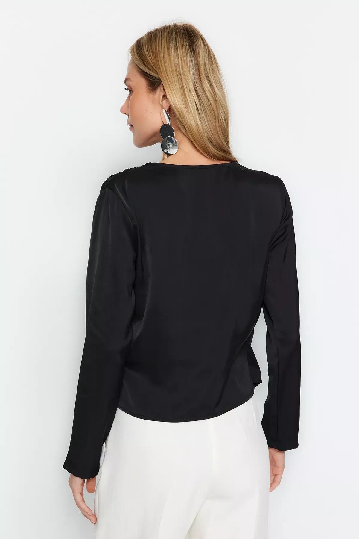 Black Double-Breasted Woven Blouse, BLACK, large image number 2