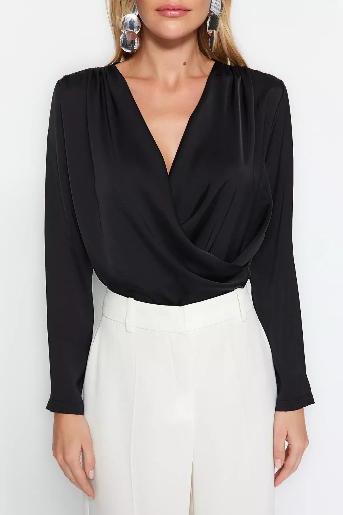 Black Double-Breasted Woven Blouse, BLACK, large image number 4