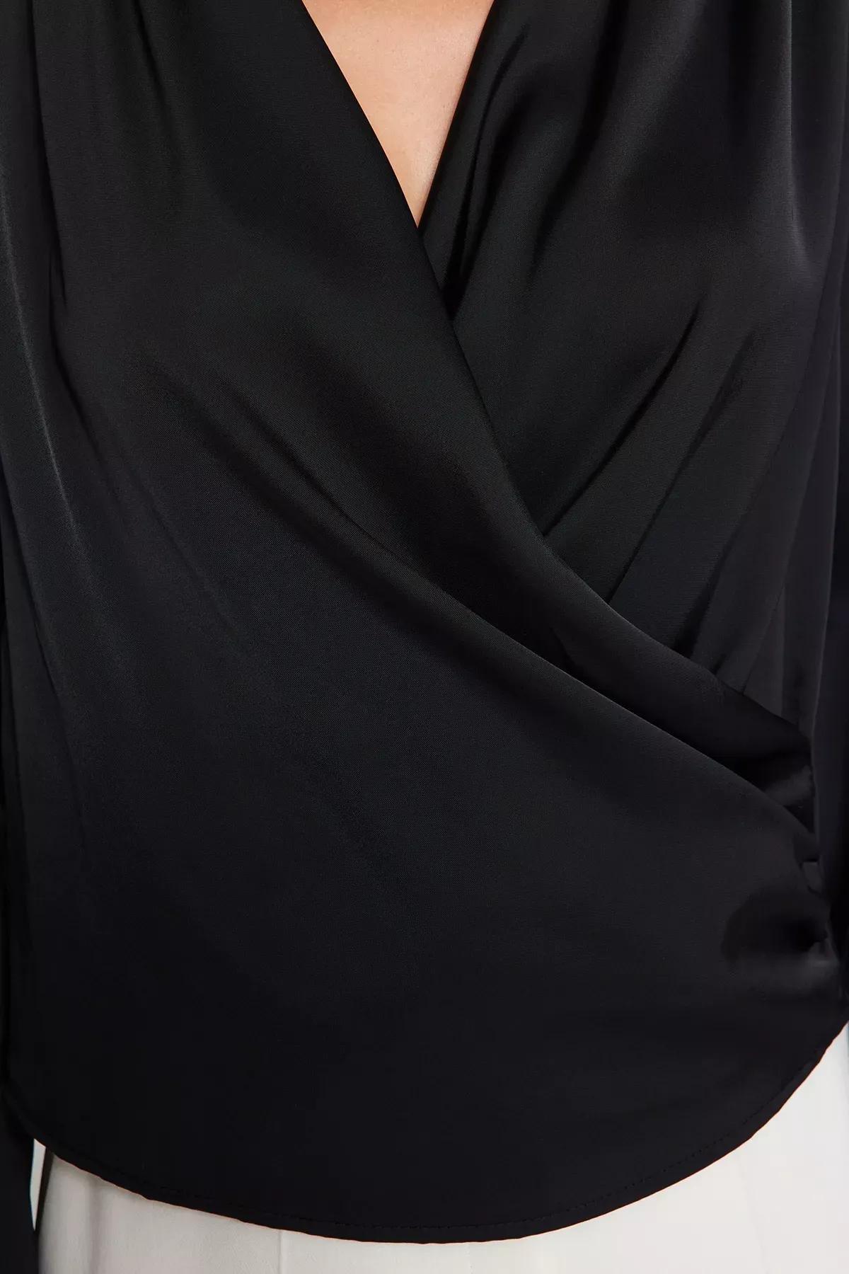 Black Double-Breasted Woven Blouse, BLACK, large image number 5