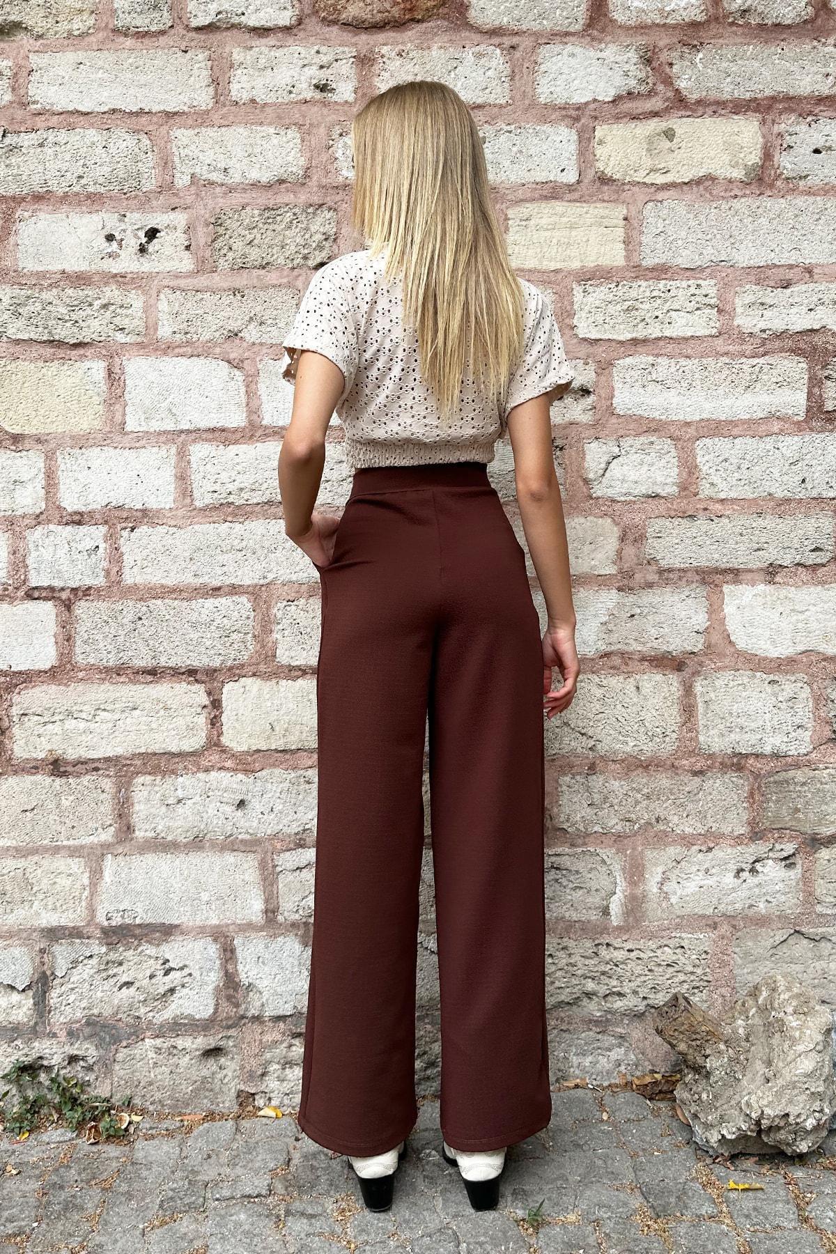 Brown Double Pockets Pleated Palazzo Pants, , large image number 3