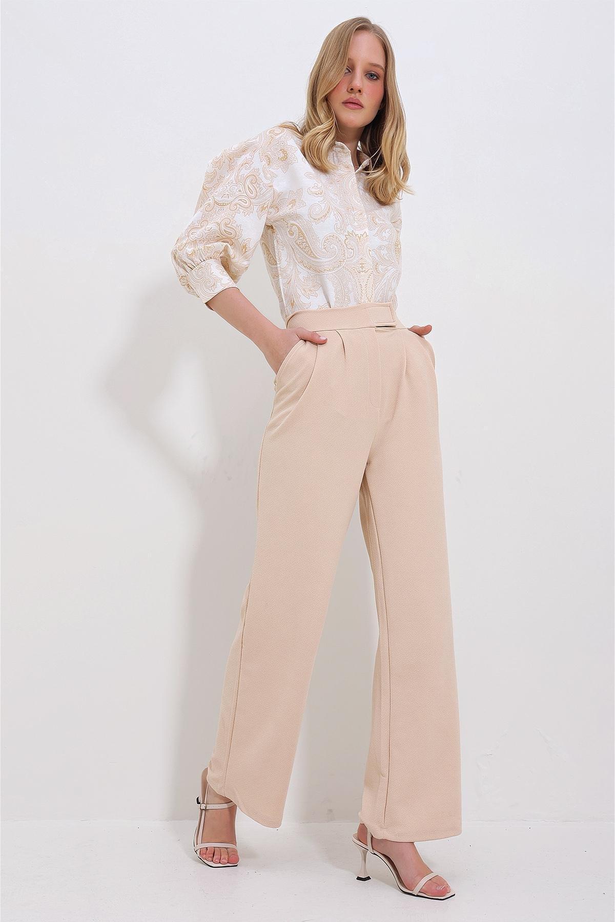 Womens Beige High Waist Double Pocket Pleated Velcro Closure Palazzo Trousers Alc-X10753, single, , large image number 0