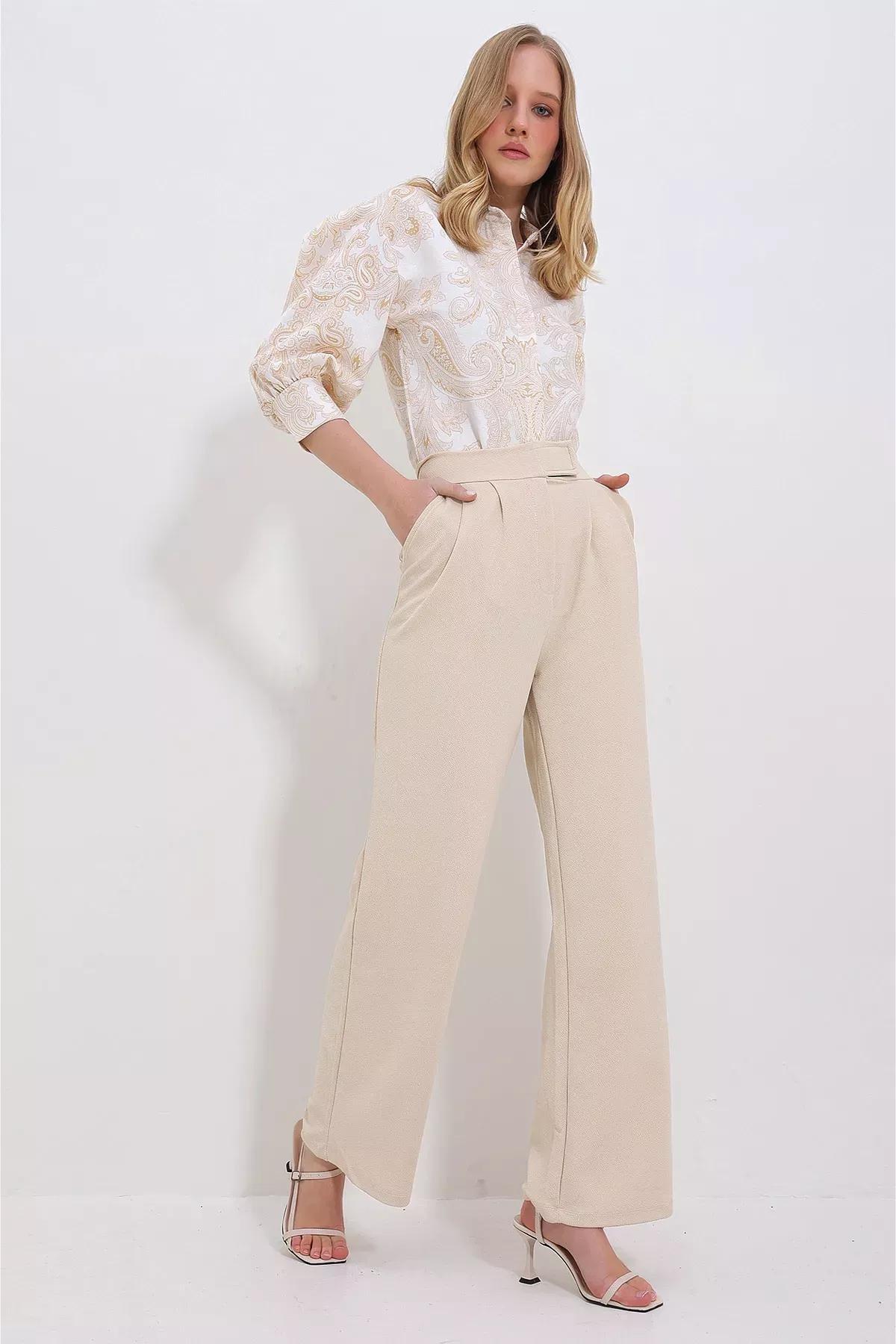بنطال بالازو بكسرات وخصر مرتفع، بيج, Beige, medium