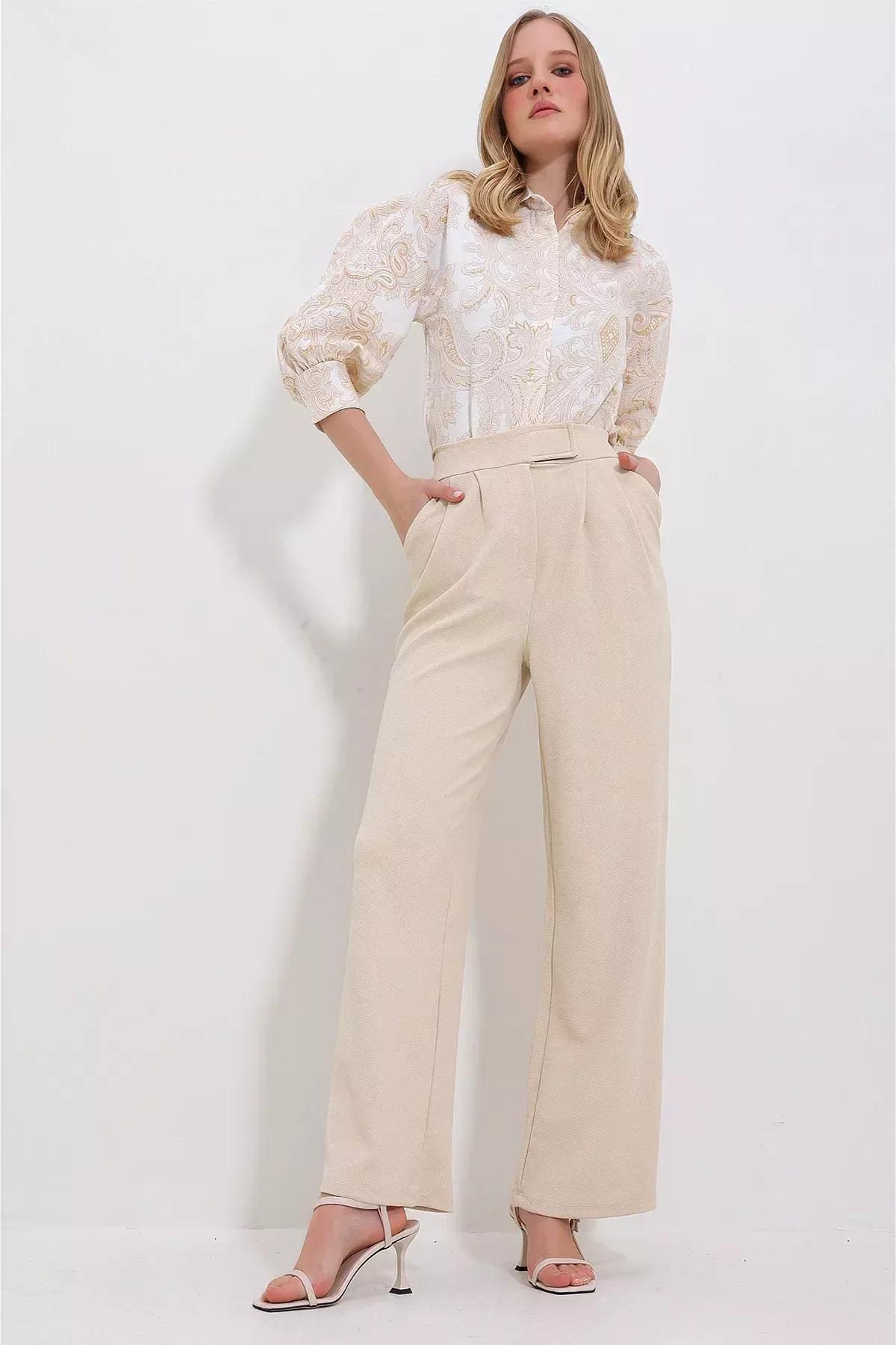 بنطال بالازو بكسرات وخصر مرتفع، بيج, Beige, large image number 1