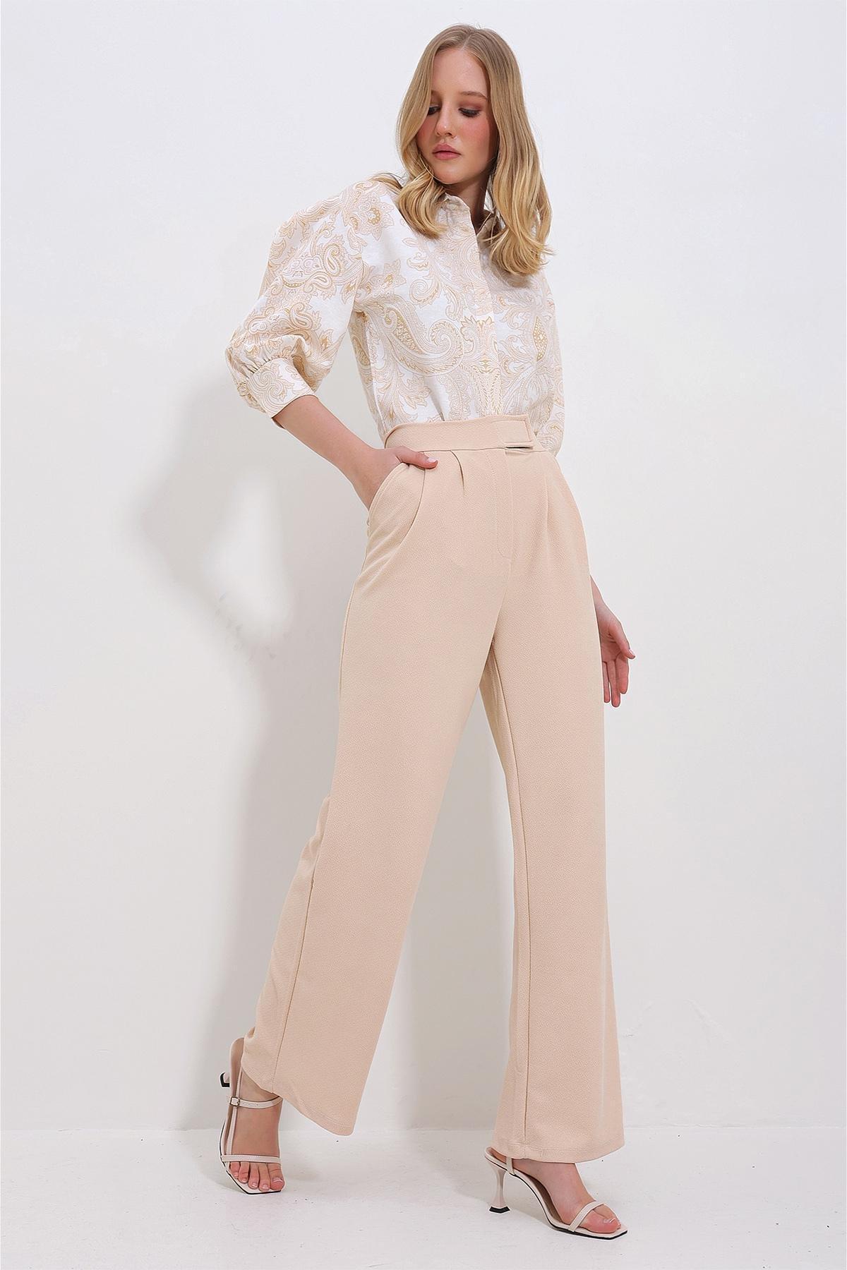 Womens Beige High Waist Double Pocket Pleated Velcro Closure Palazzo Trousers Alc-X10753, single, , large image number 3