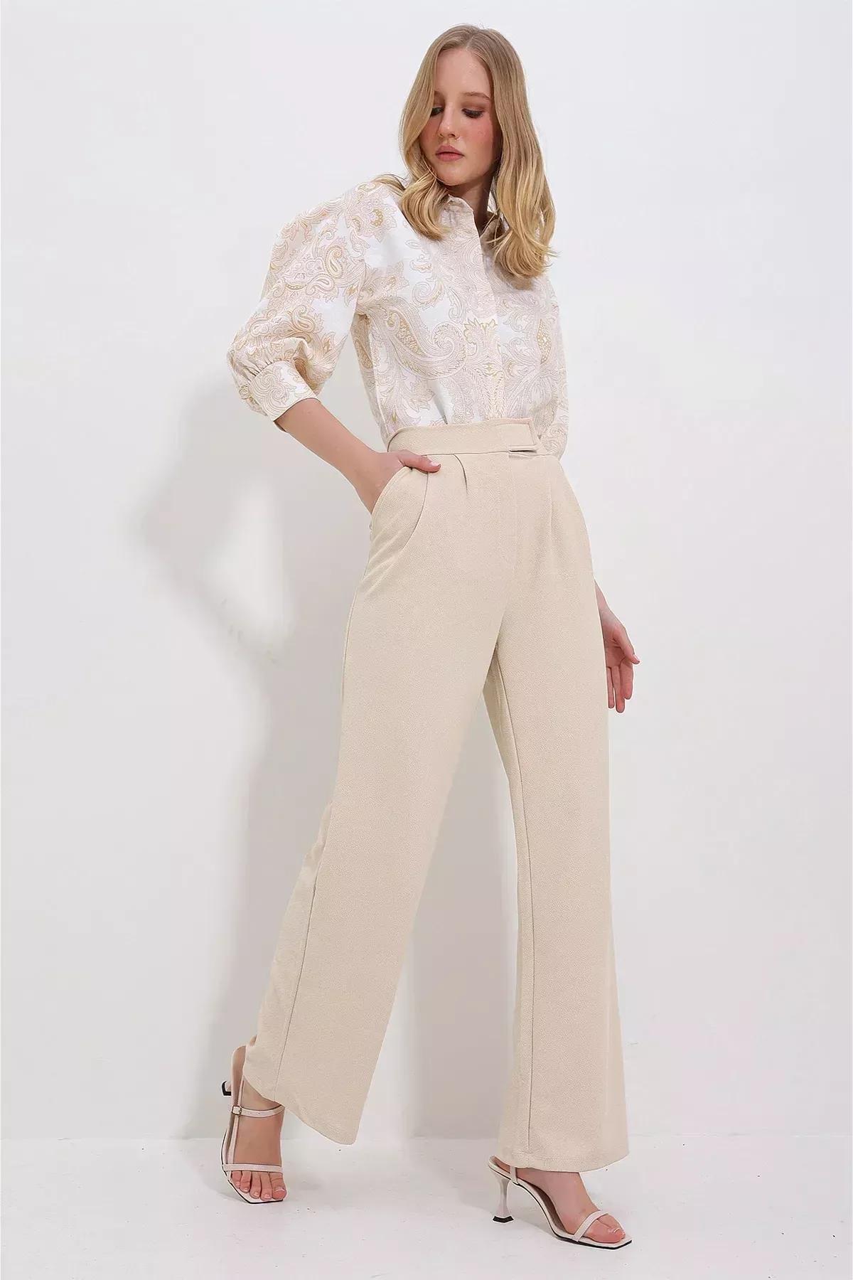 بنطال بالازو بكسرات وخصر مرتفع، بيج, Beige, large image number 3