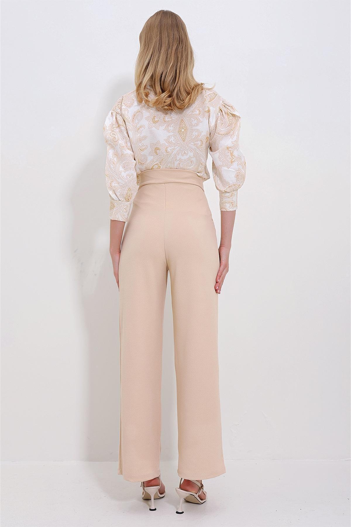 Womens Beige High Waist Double Pocket Pleated Velcro Closure Palazzo Trousers Alc-X10753, single, , large image number 4