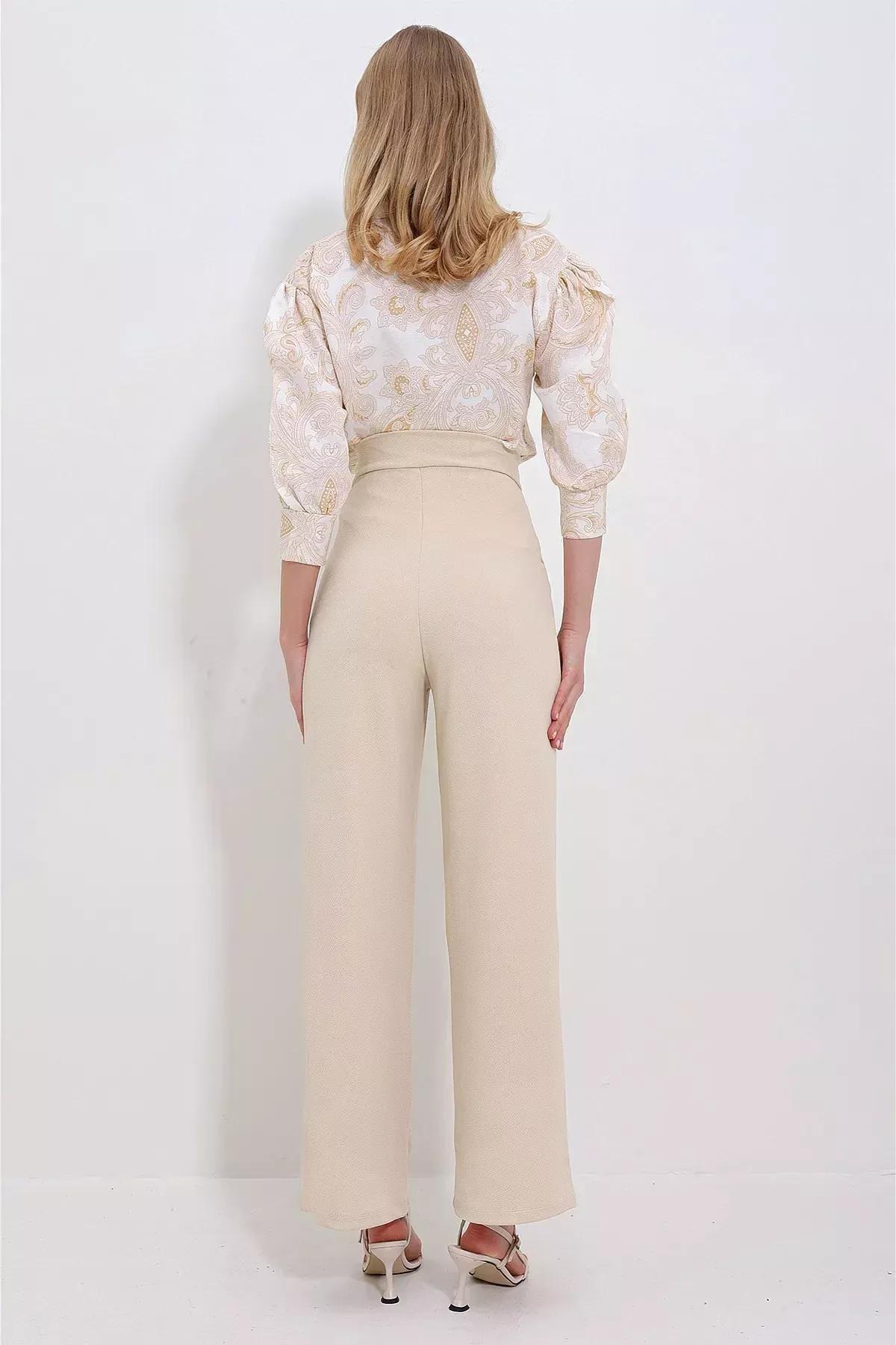 بنطال بالازو بكسرات وخصر مرتفع، بيج, Beige, large image number 4