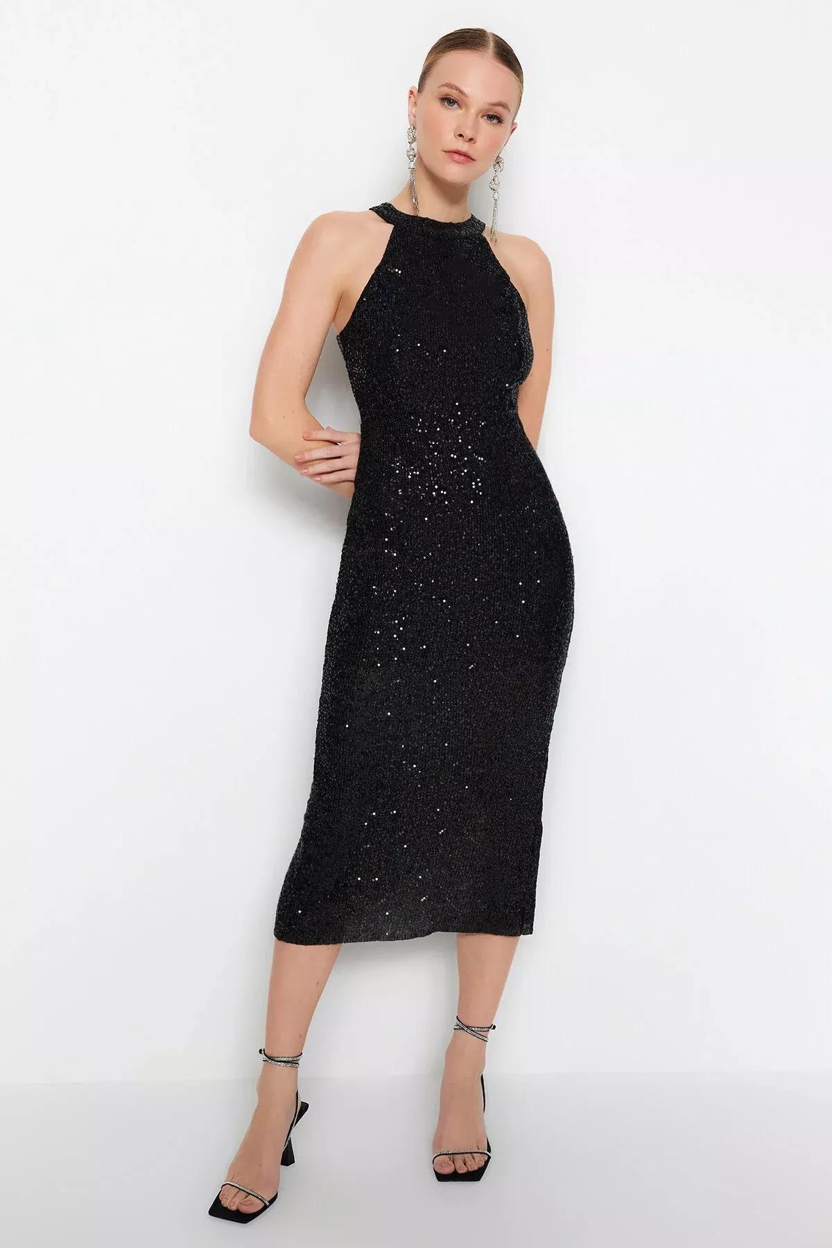 فستان مناسبات مُحاك بقصة ضيقة، أسود, BLACK, large image number 1