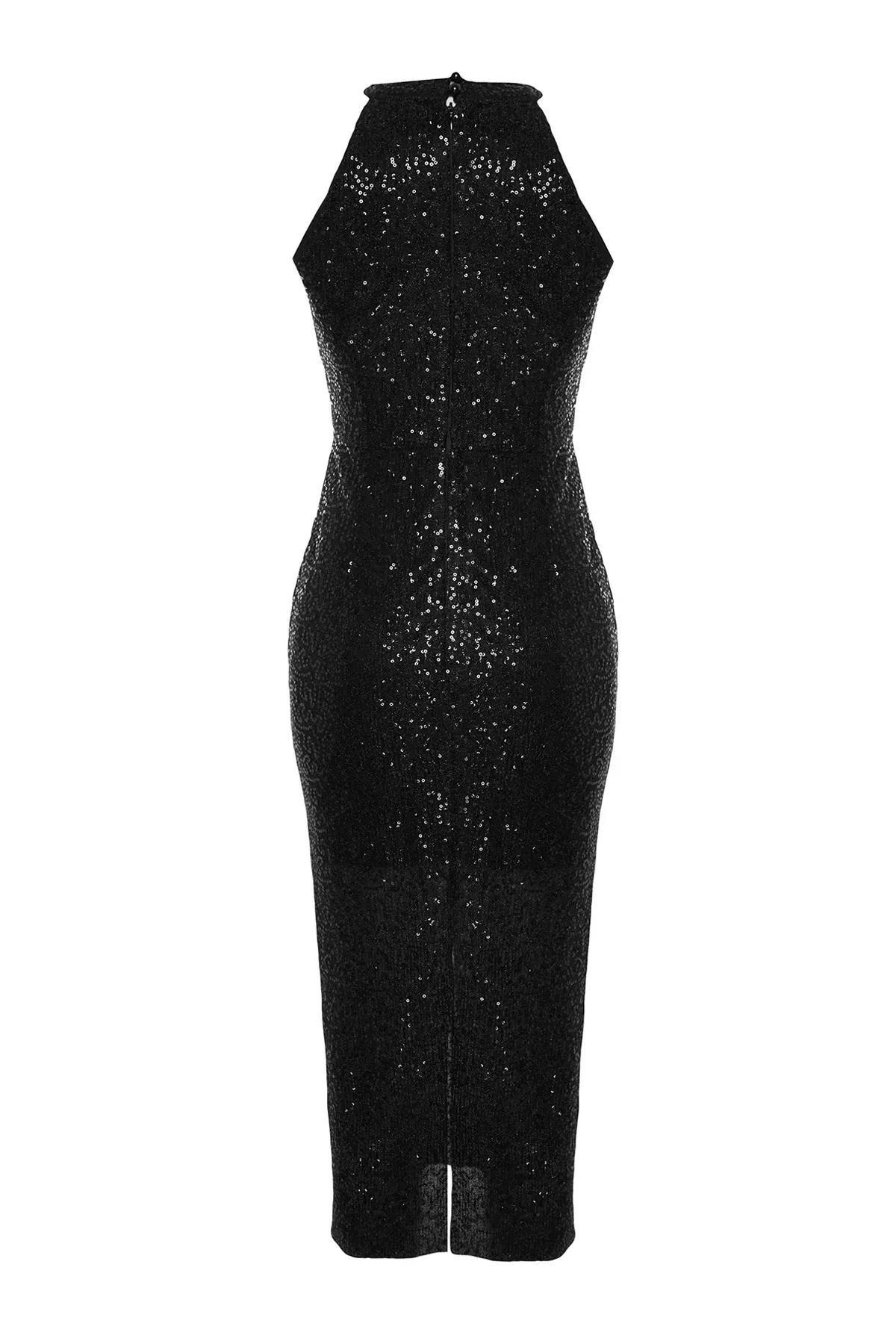 Black Fitted Knitted Occasionwear Dress, BLACK, large image number 6