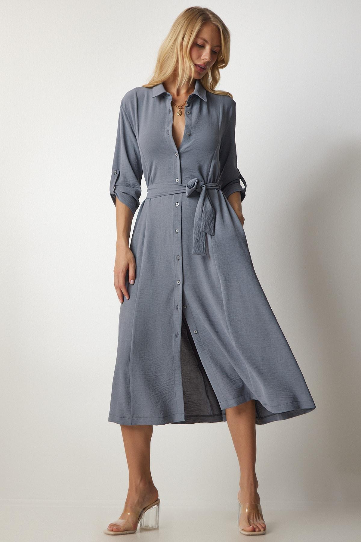 Happiness Istanbul - Grey Belted Viscose Shirt Dress
