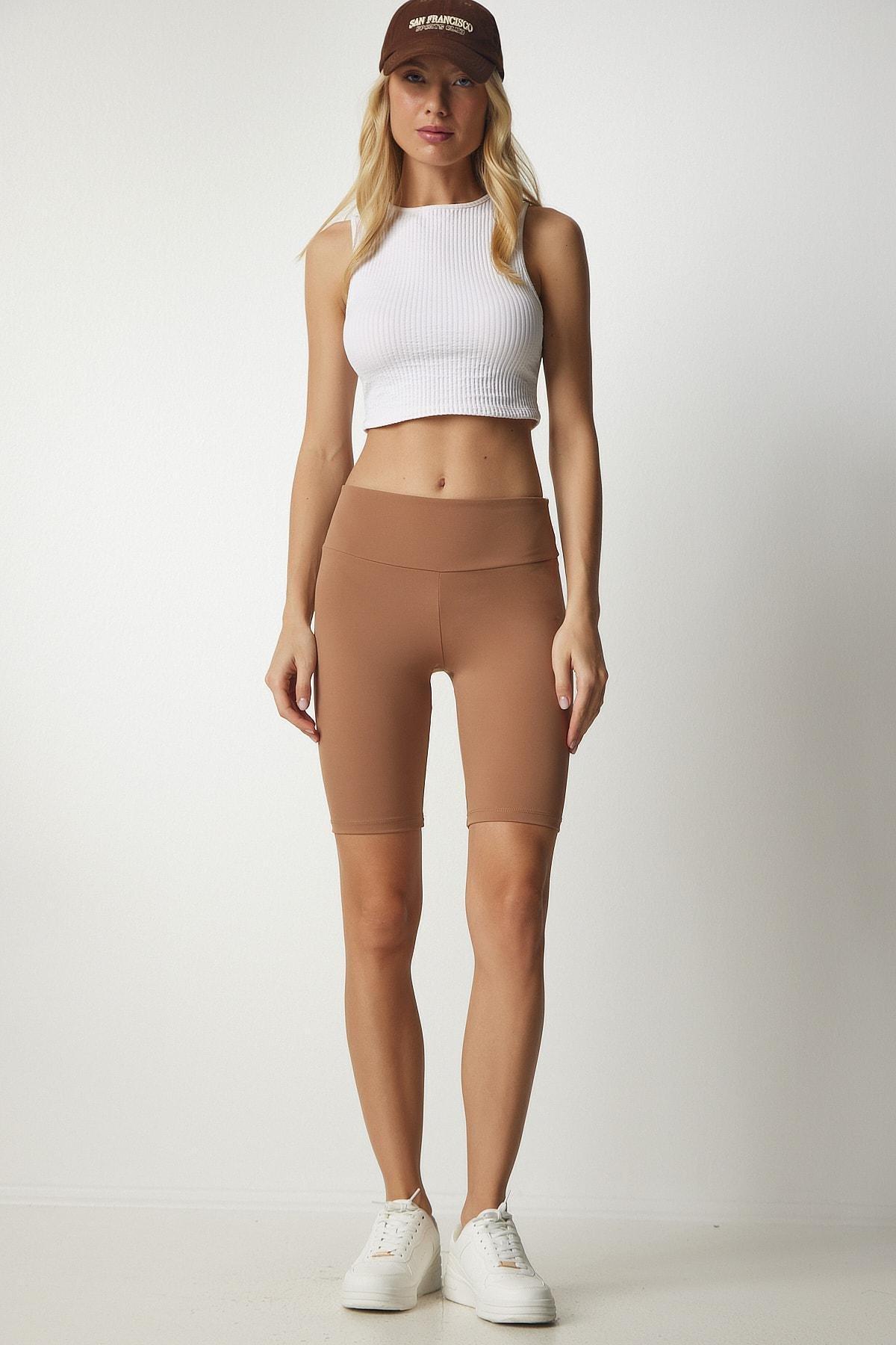 Beige High Waist Consolidator Sports Shorts Leggings, C101_1451, large image number 0