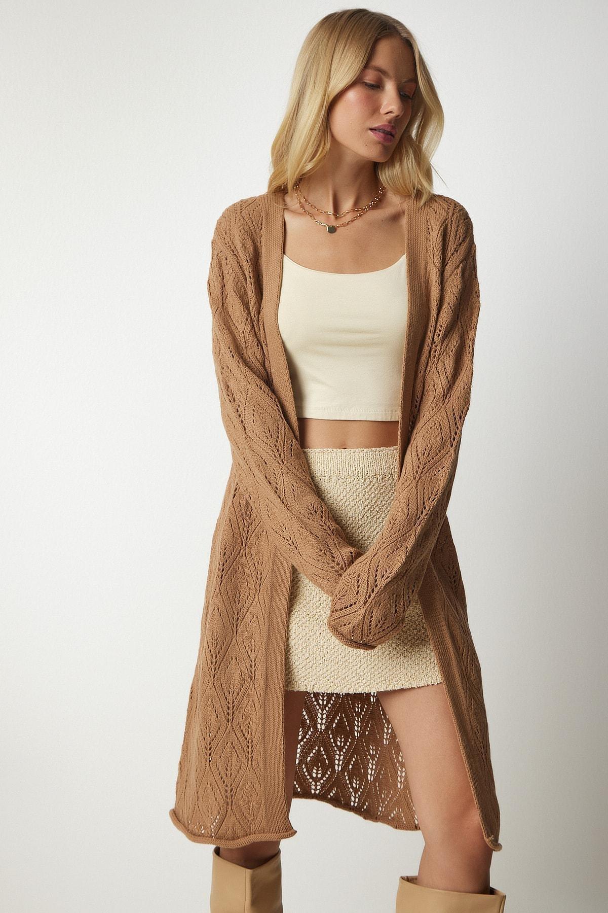 Happiness Istanbul - Beige Long Knitwear Cardigan With Openwork