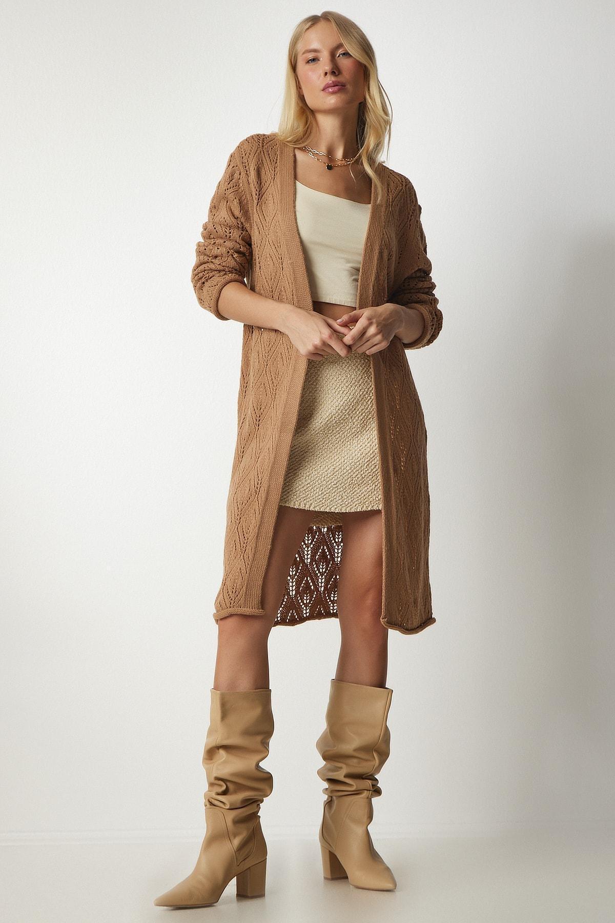Happiness Istanbul - Beige Long Knitwear Cardigan With Openwork