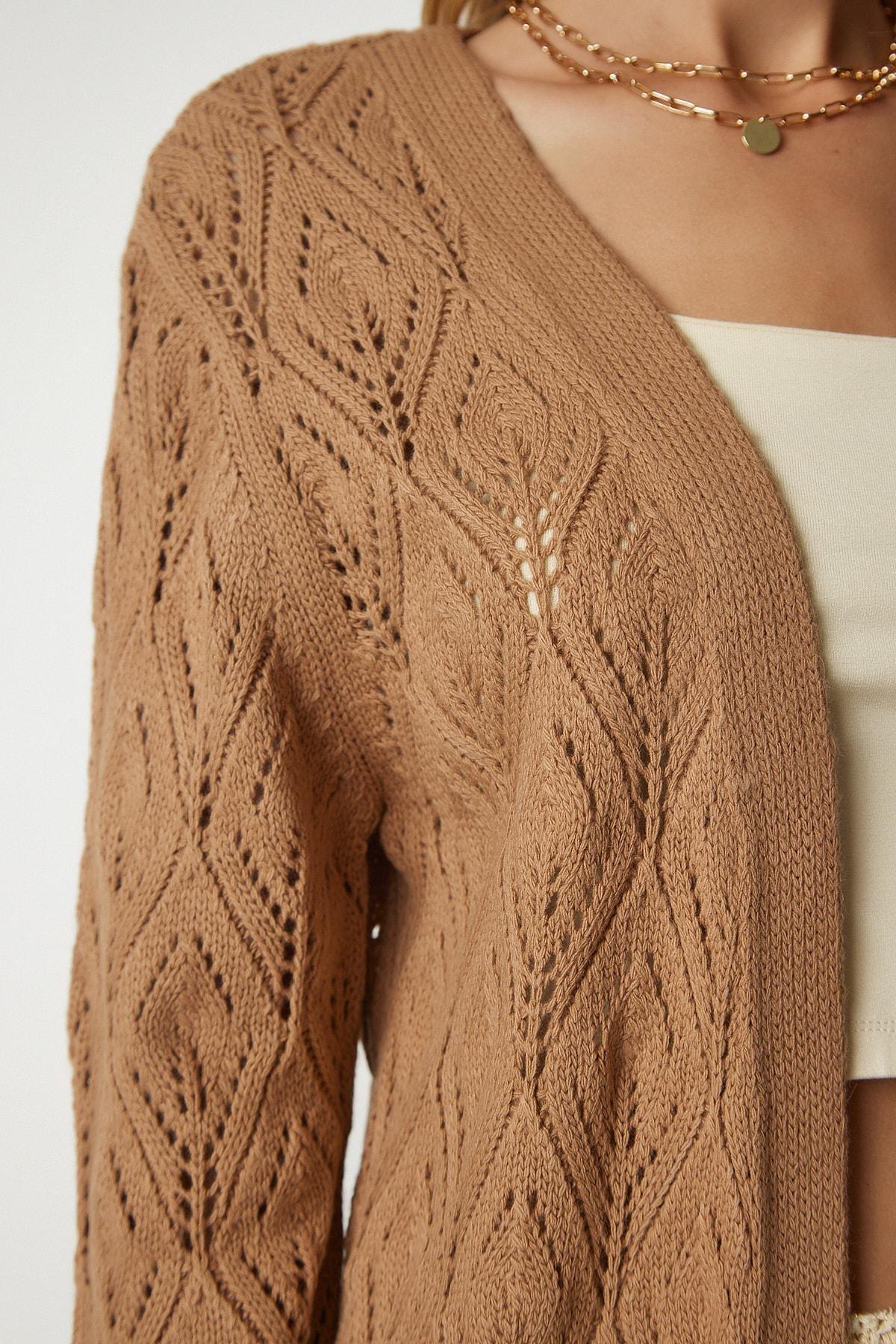 Happiness Istanbul - Beige Long Knitwear Cardigan With Openwork