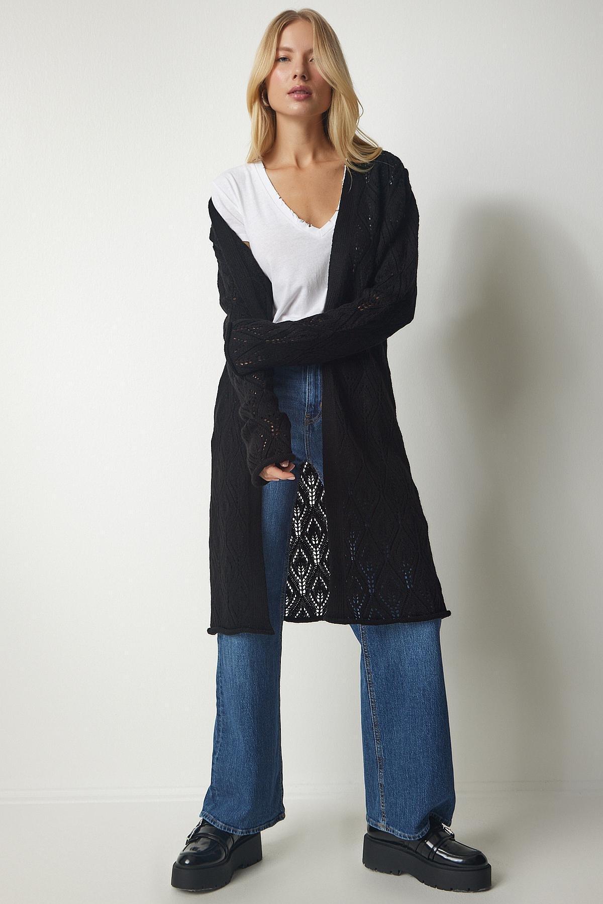 Black Openwork Long Knitwear Cardigan, BLACK, large image number 0