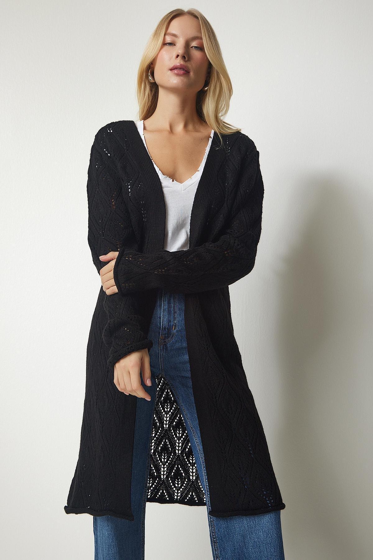 Black Openwork Long Knitwear Cardigan, BLACK, large image number 1