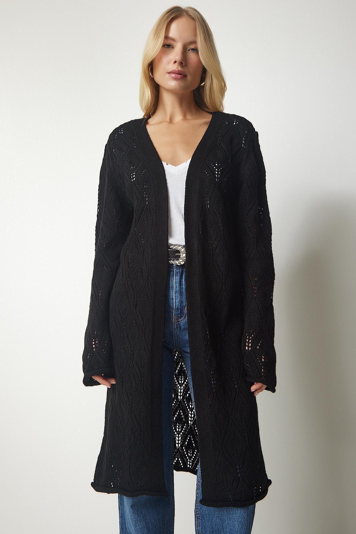 Black Openwork Long Knitwear Cardigan, BLACK, large image number 2