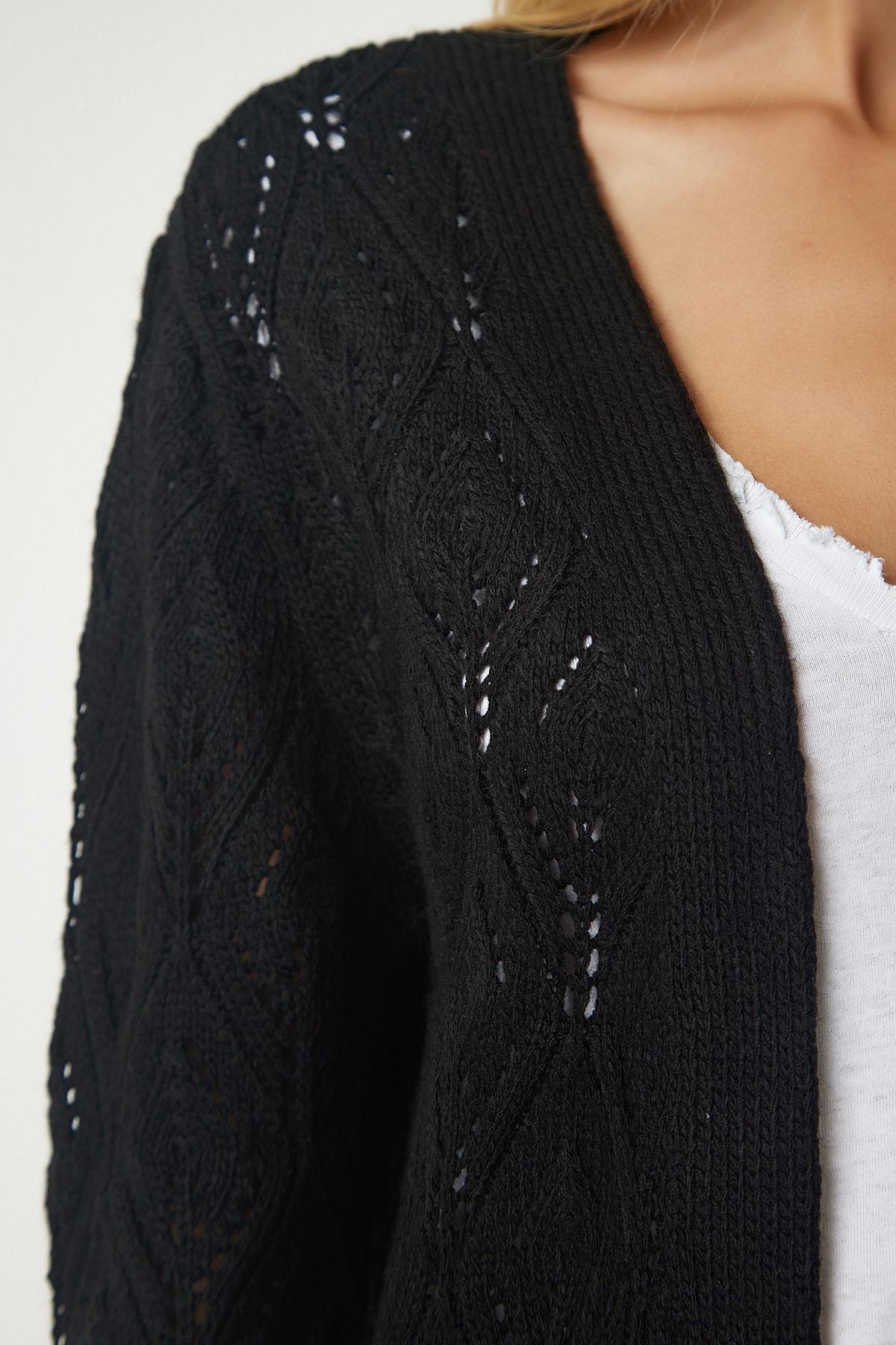 Black Openwork Long Knitwear Cardigan, BLACK, large image number 3