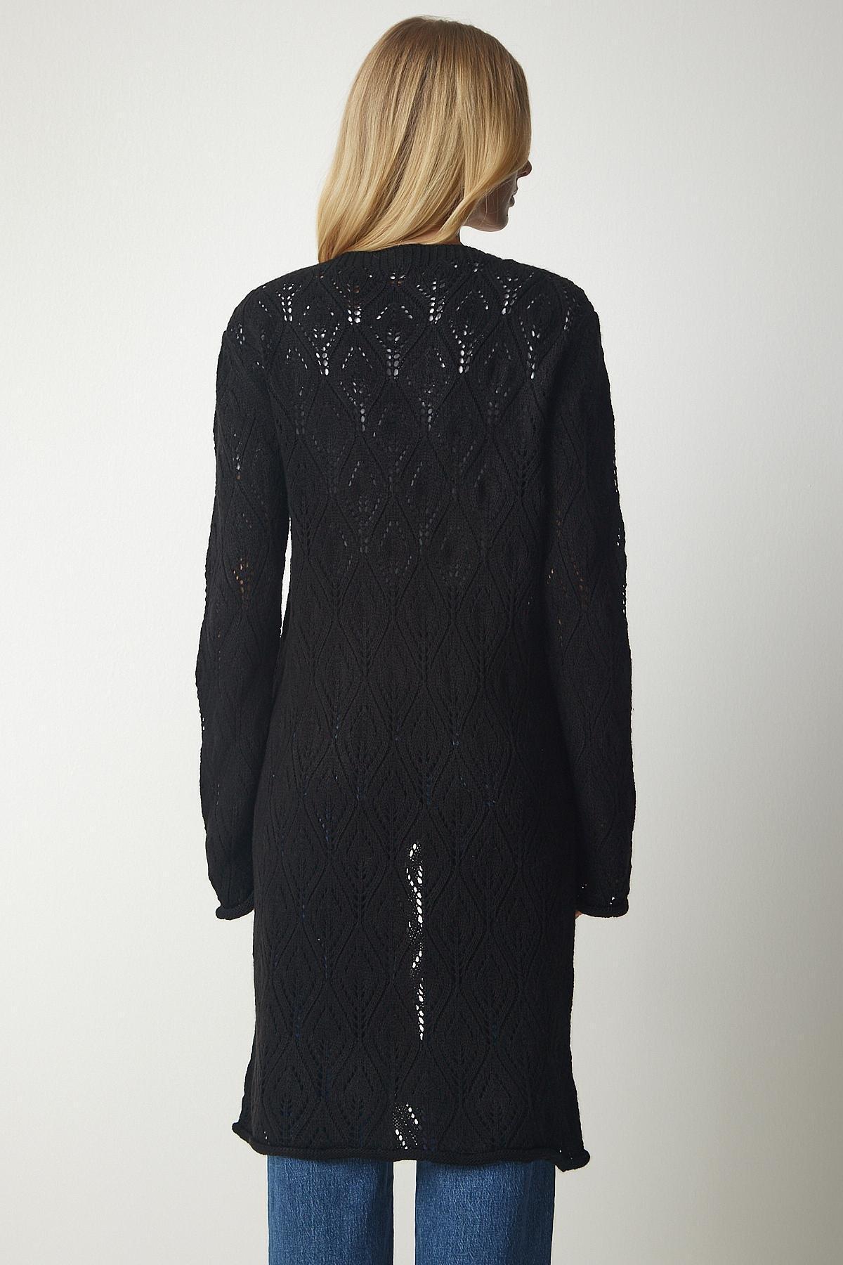 Black Openwork Long Knitwear Cardigan, BLACK, large image number 4