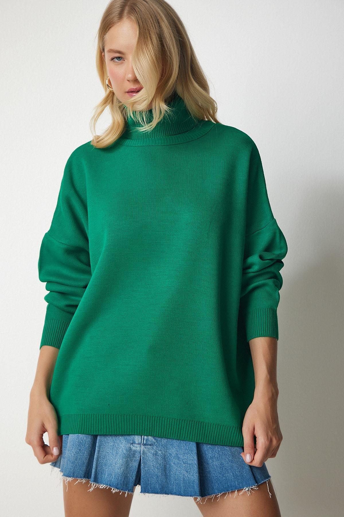 Green Turtleneck Oversized Knitwear Sweater, Green, large image number 1