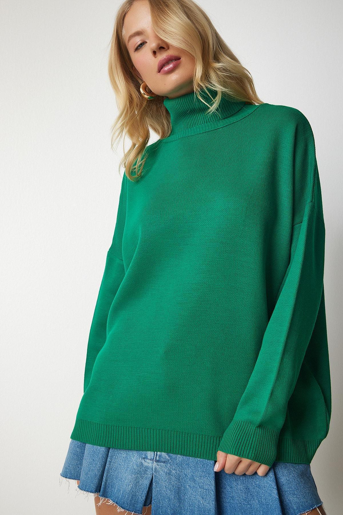 Green Turtleneck Oversized Knitwear Sweater, Green, large image number 2