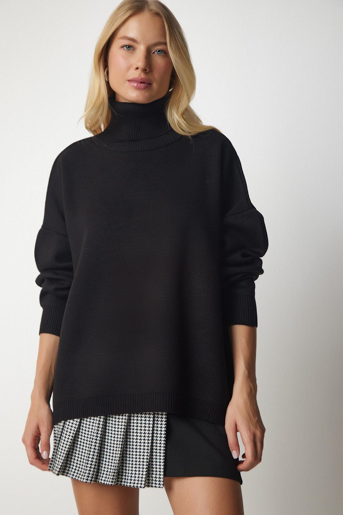 Black Turtleneck Oversized Knitwear Sweater, BLACK, large image number 0