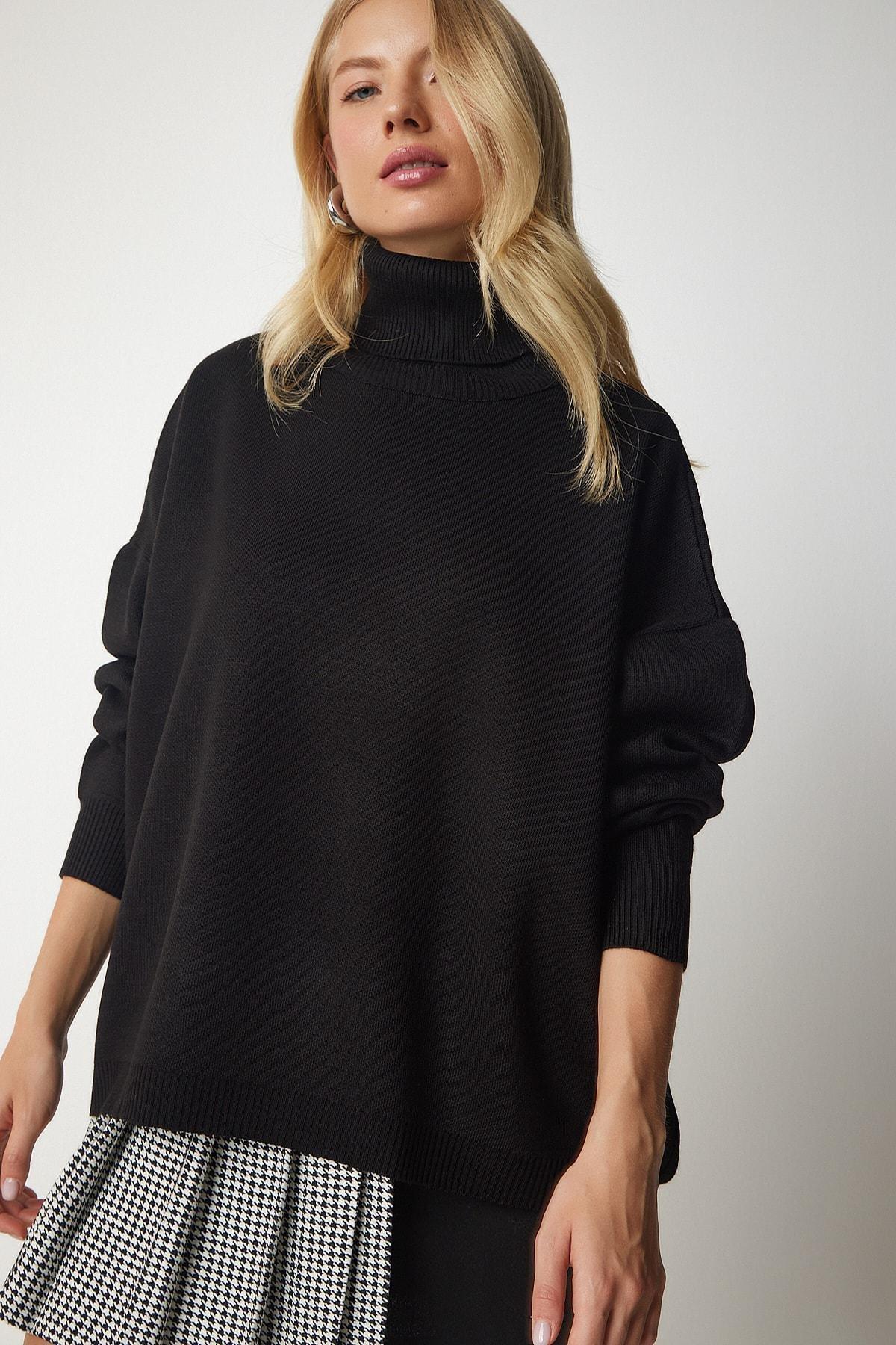 Black Turtleneck Oversized Knitwear Sweater, BLACK, large image number 3