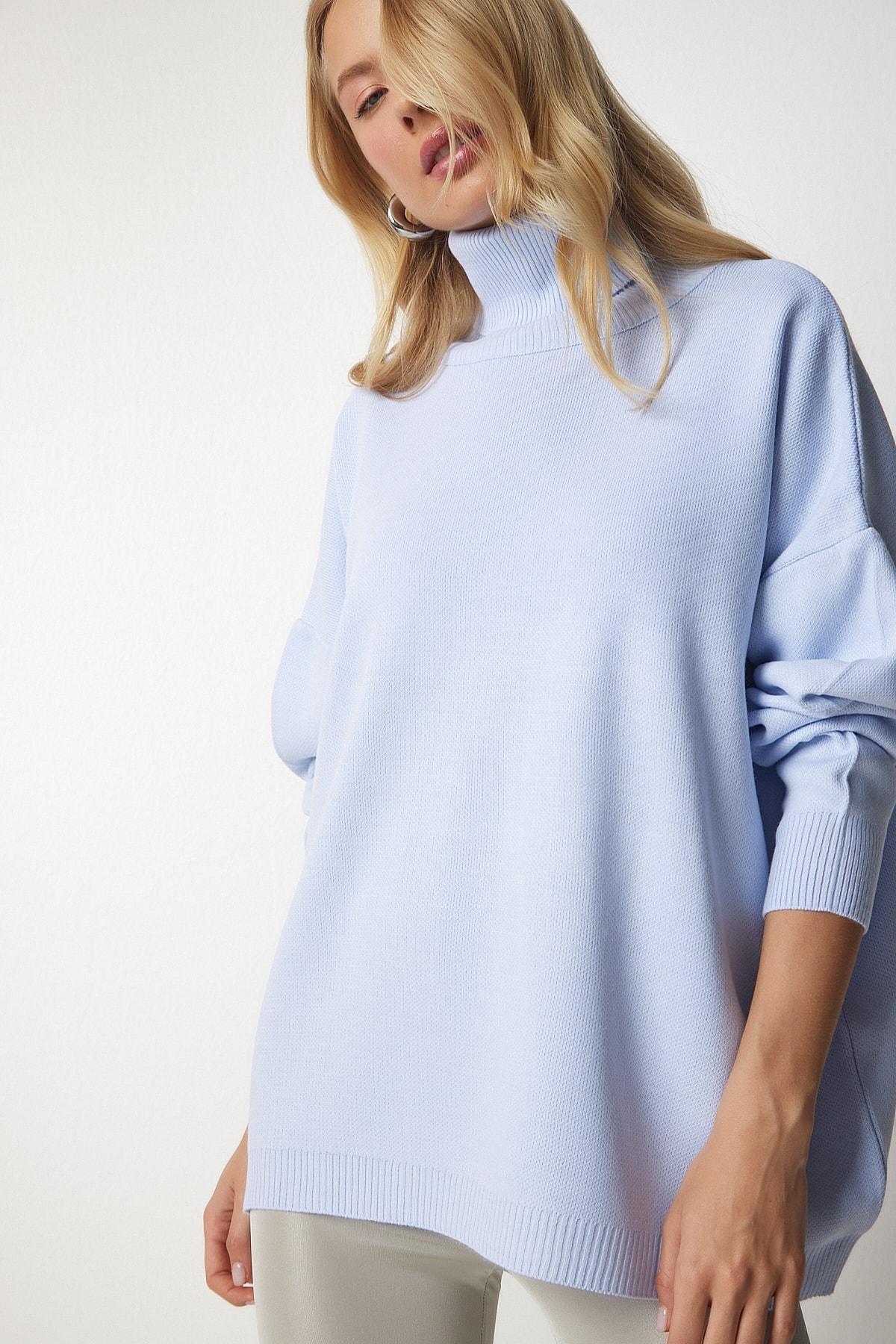 Blue Turtleneck Oversized Knitwear Sweater, SKY BLUE, large image number 1