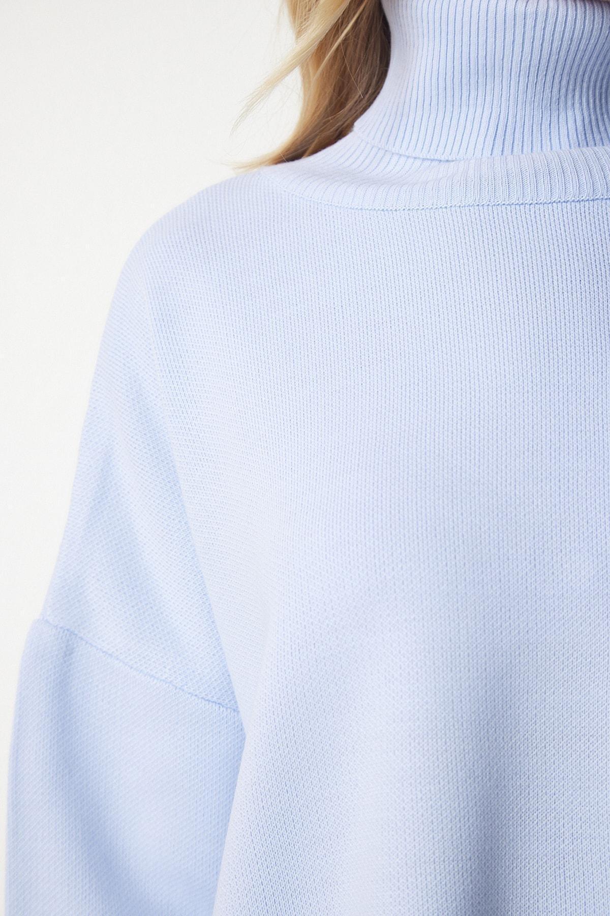 Blue Turtleneck Oversized Knitwear Sweater, SKY BLUE, large image number 3