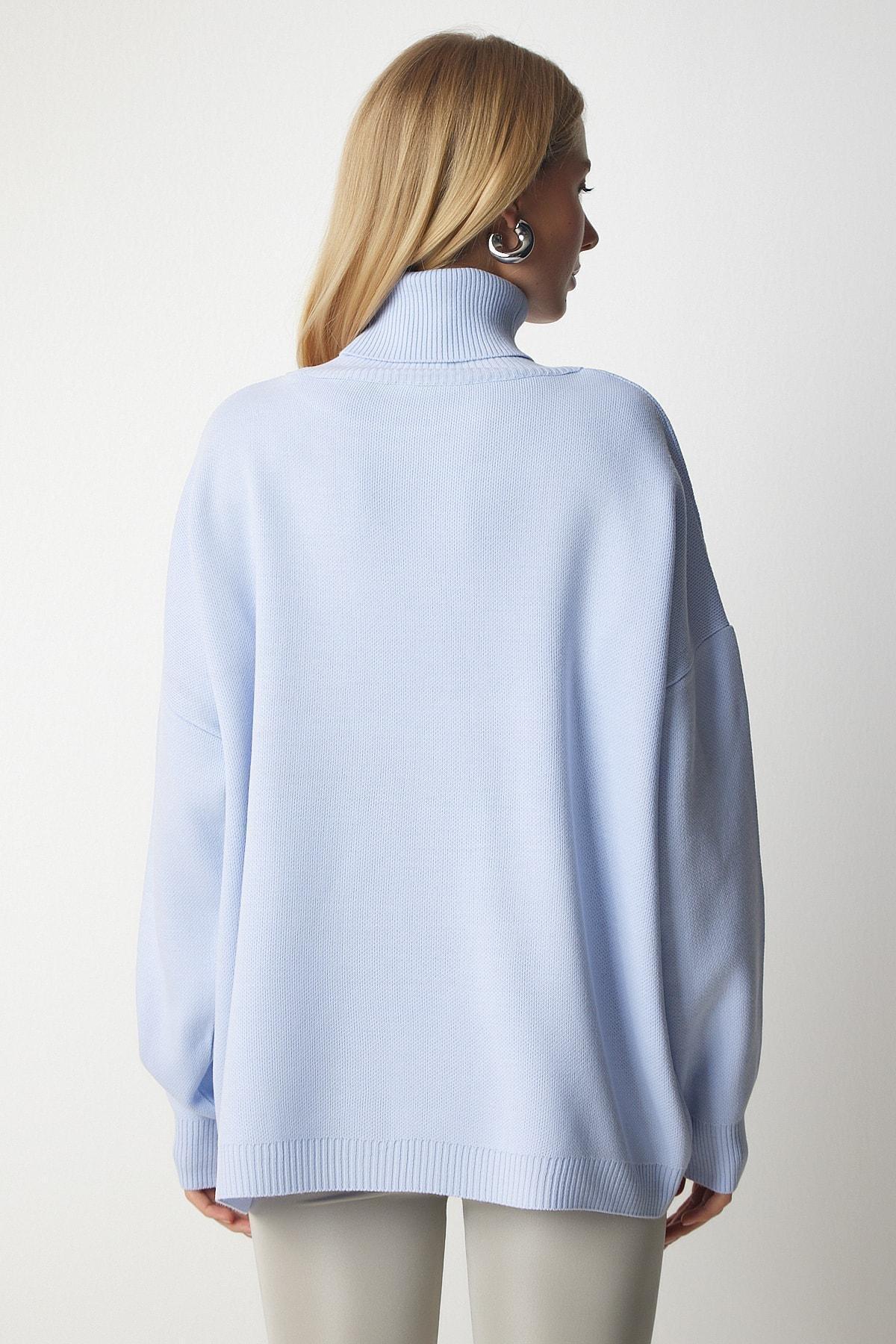 Blue Turtleneck Oversized Knitwear Sweater, SKY BLUE, large image number 4