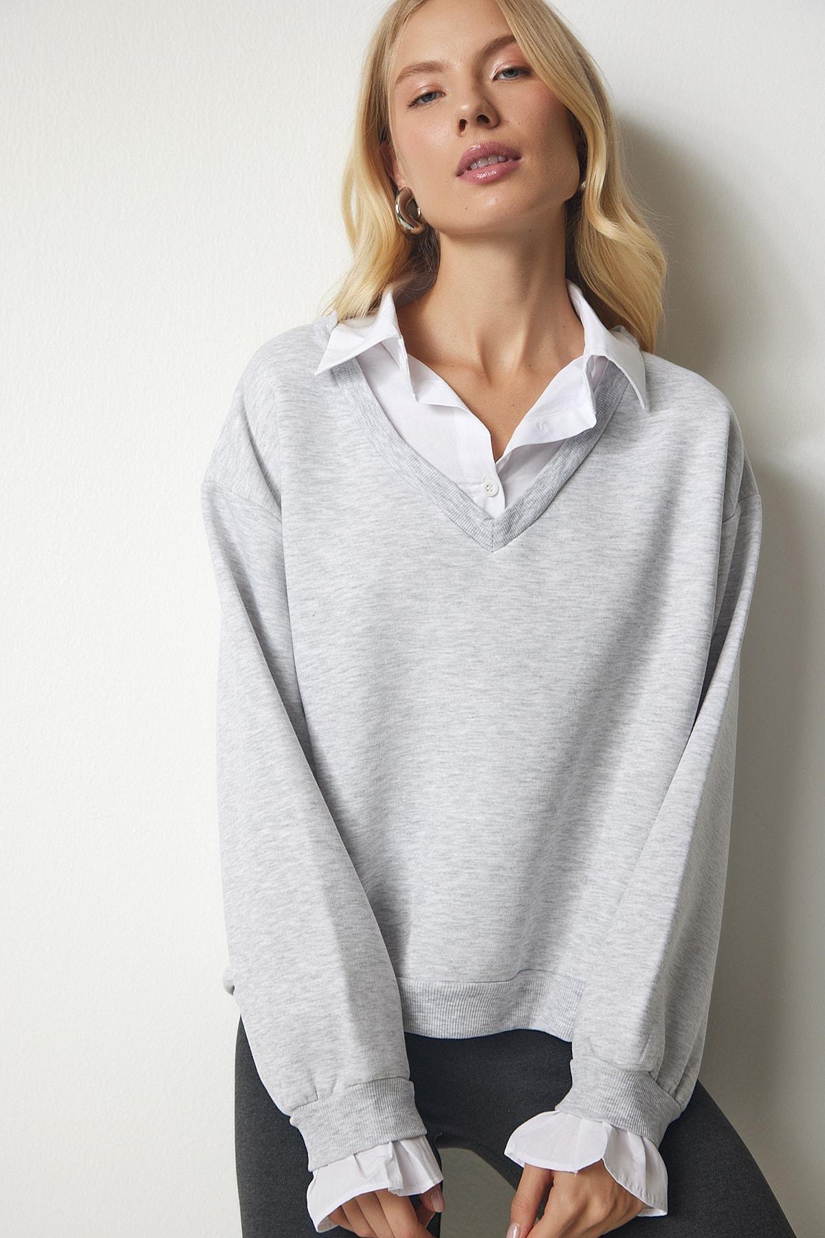 Gray Shirt Detailed Knitted Sweatshirt, , large image number 2