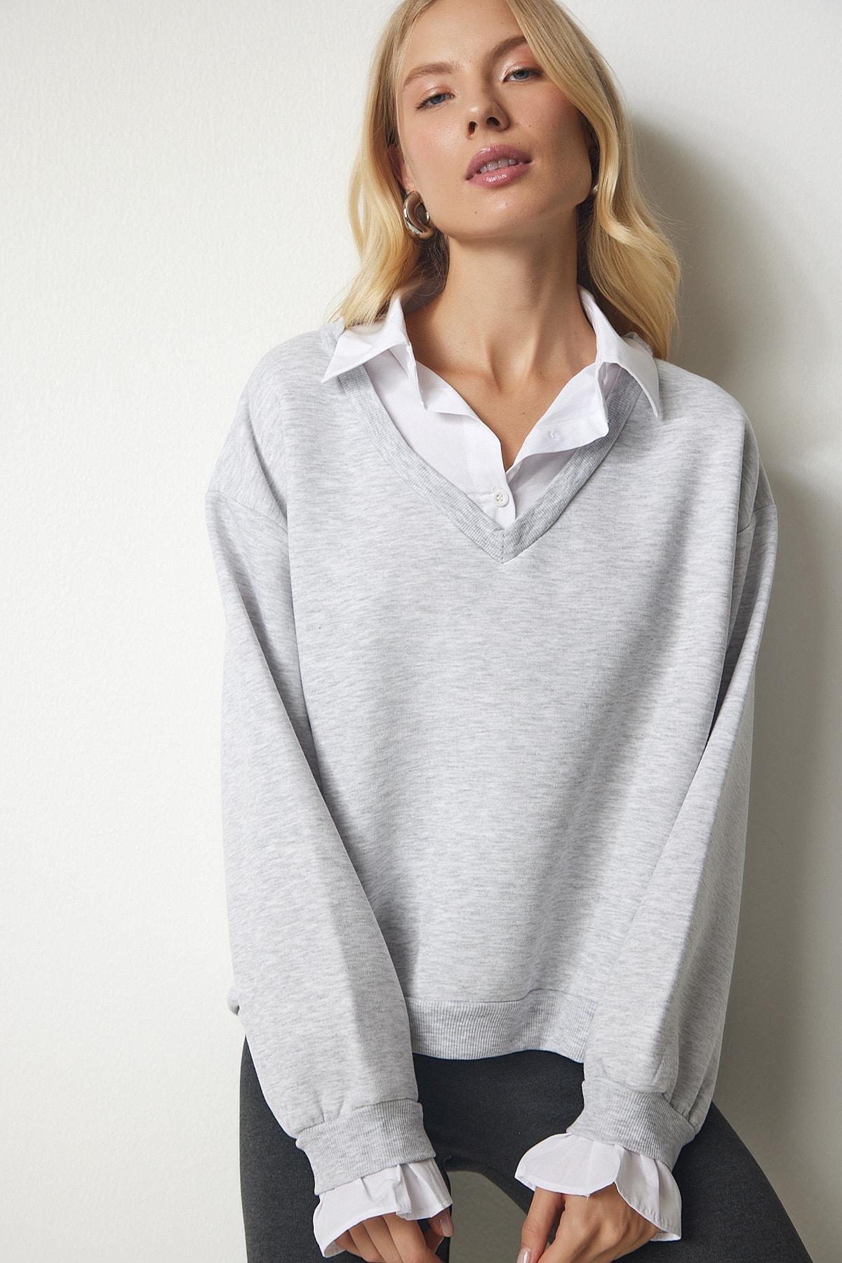 Happiness Istanbul - Gray Shirt Detailed Knitted Sweatshirt