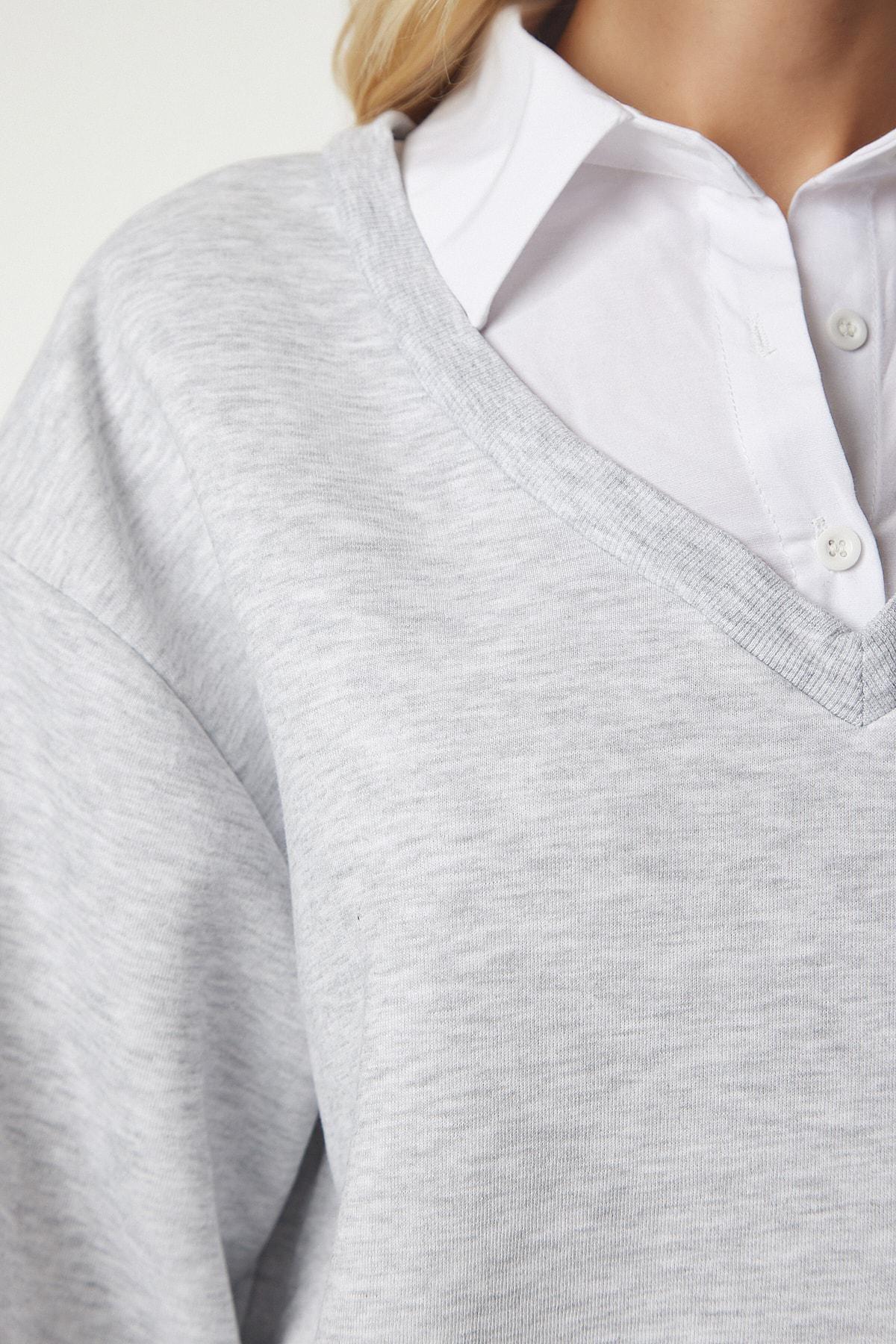 Gray Shirt Detailed Knitted Sweatshirt, , large image number 3