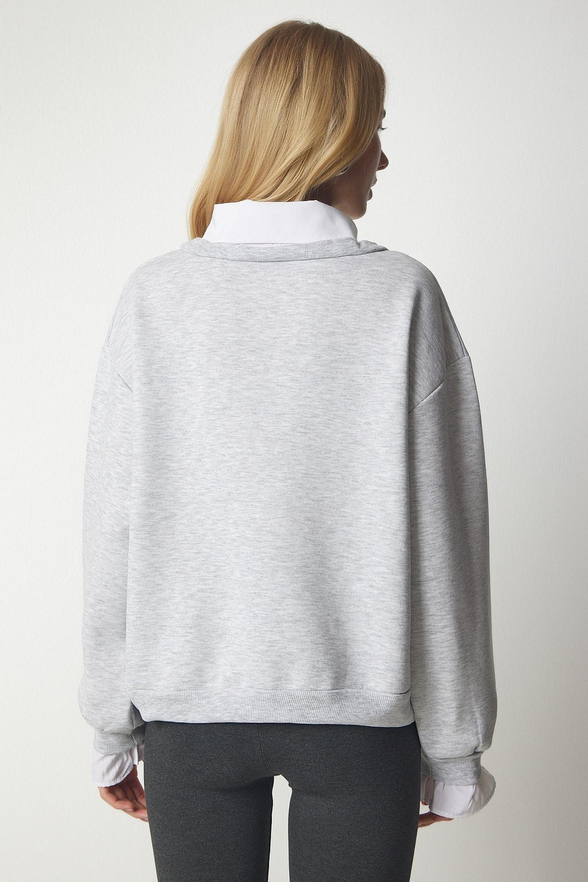 Happiness Istanbul - Gray Shirt Detailed Knitted Sweatshirt