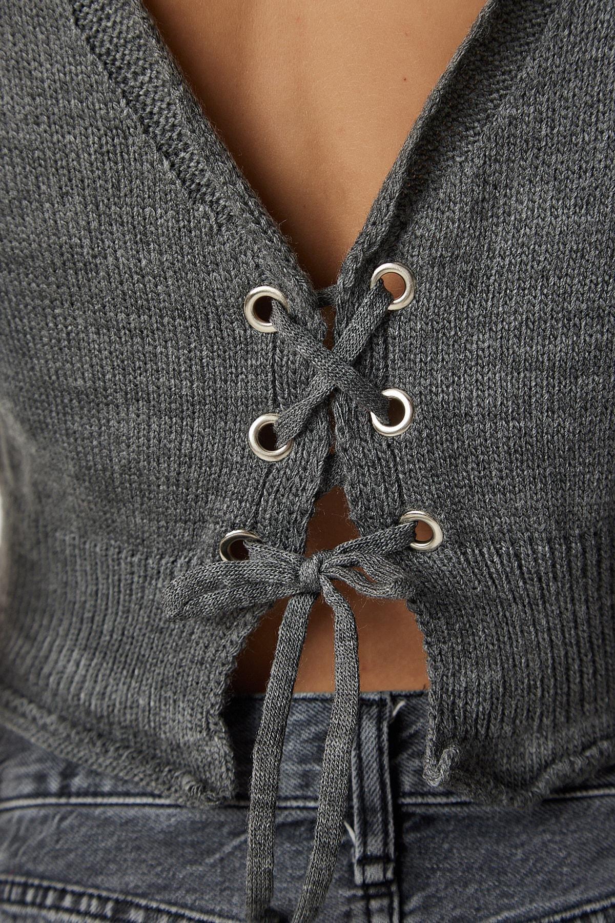 Gray Open Back Crop Knitwear Sweater, C101_1653, large image number 5