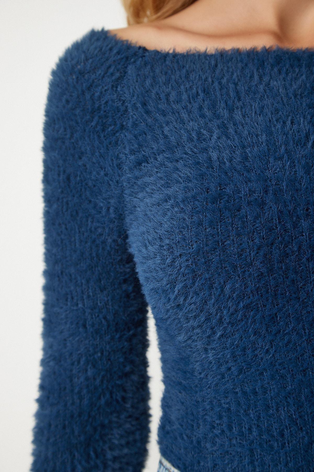 Blue Boat Collar Bearded Knitwear Sweater, Navy blue, large image number 3