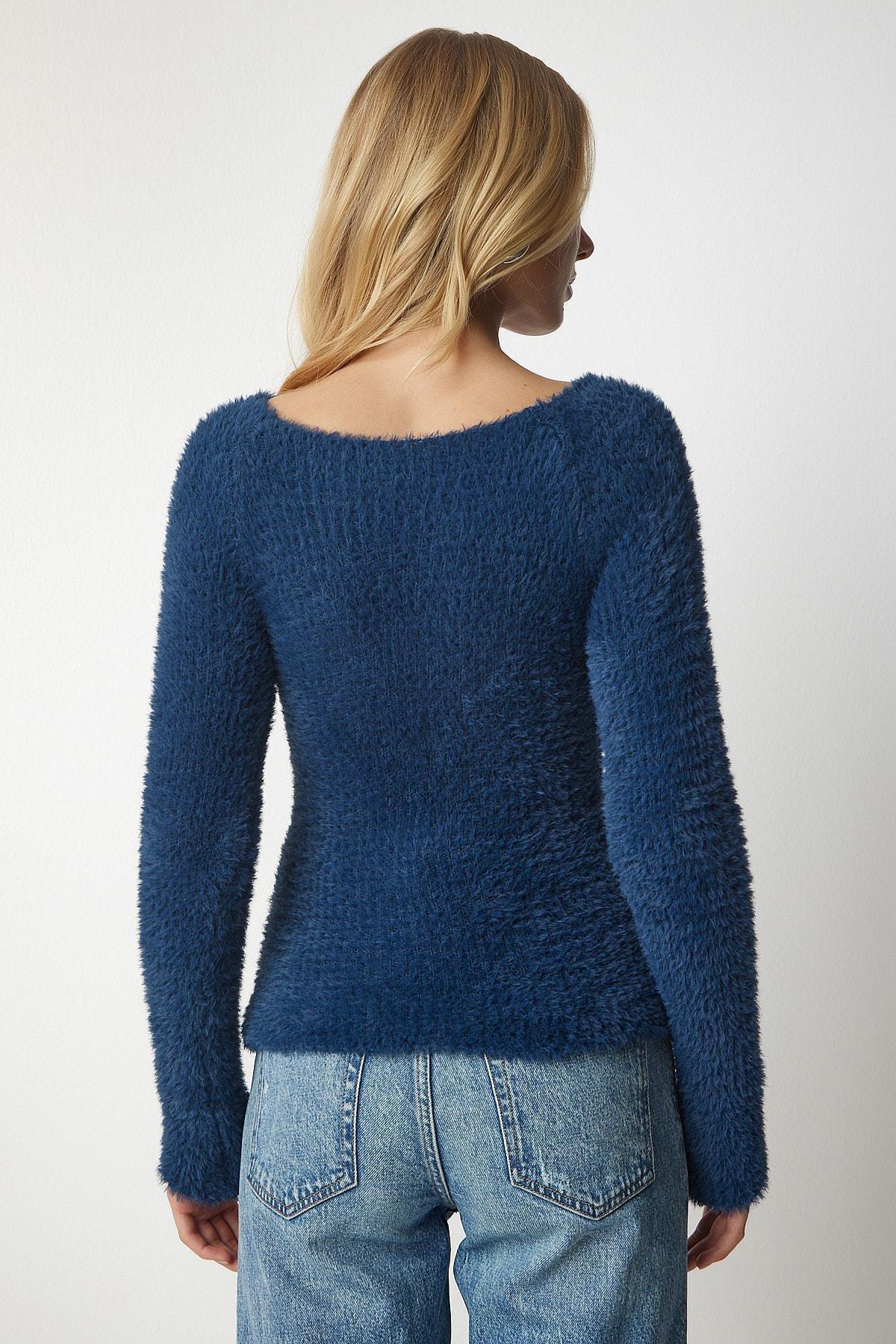 Blue Boat Collar Bearded Knitwear Sweater, Navy blue, large image number 4