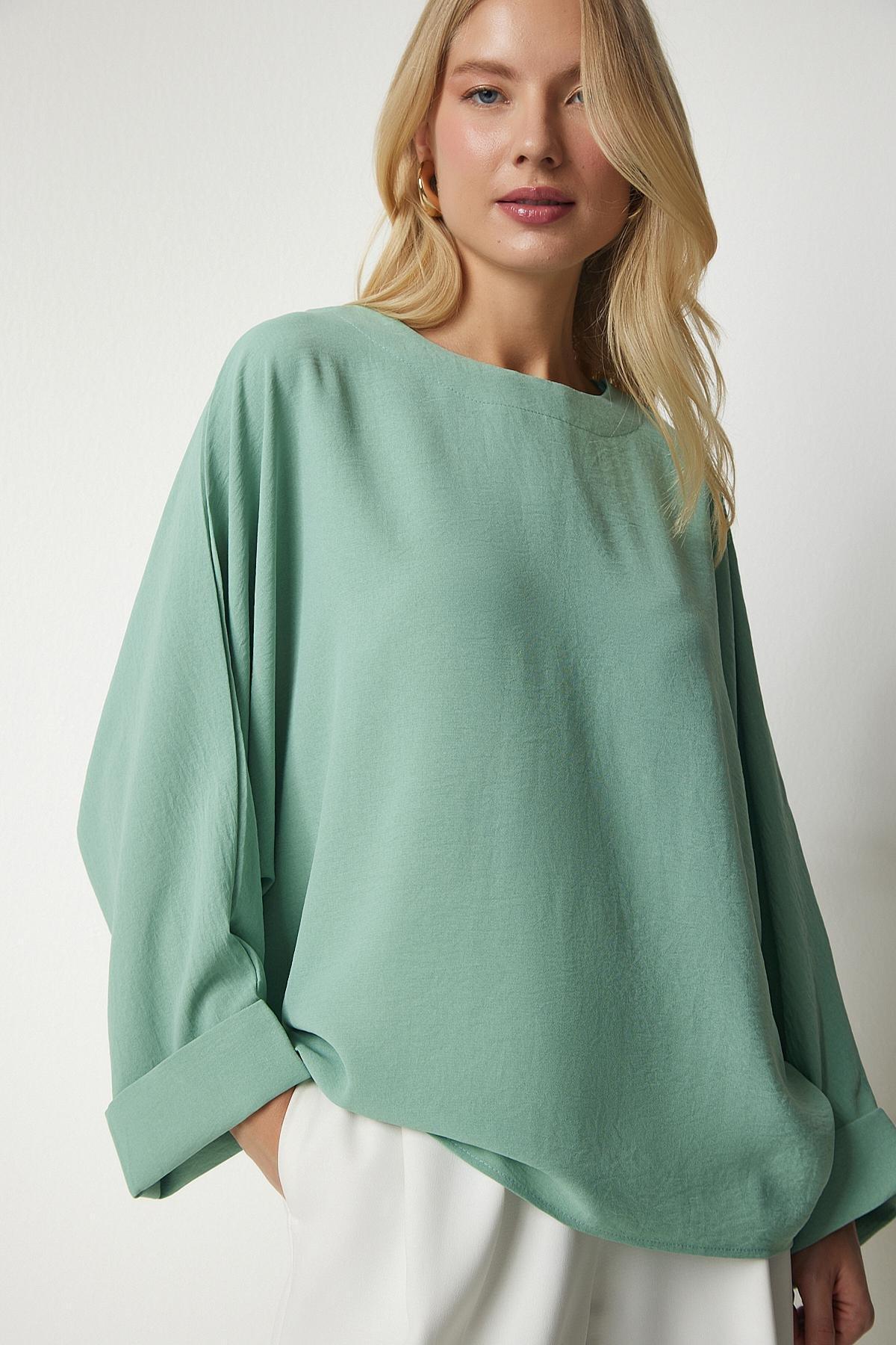 Green Bat Sleeves Flounced Aerobatic Binocular Blouse, , medium