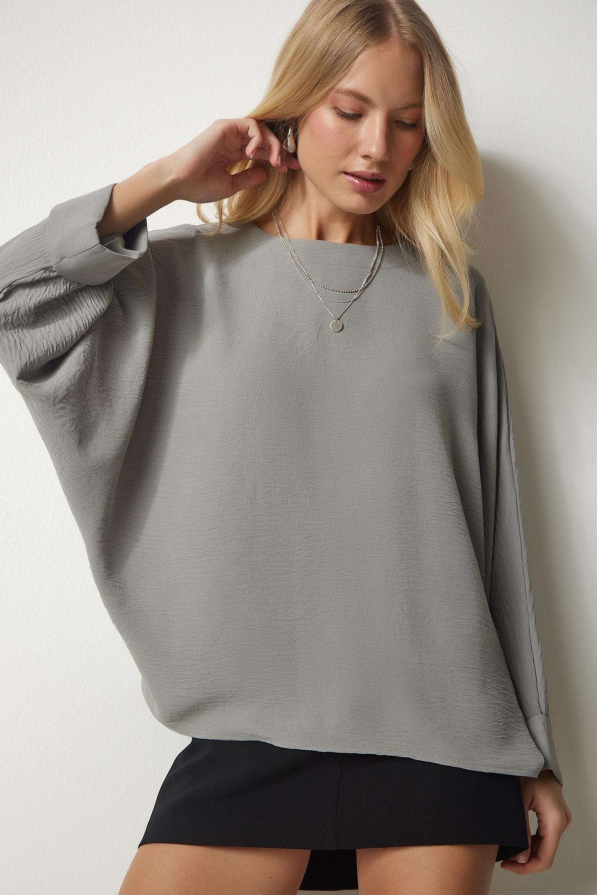 Gray Bat Sleeves Flowy Aerobatic Blouse, , large image number 0