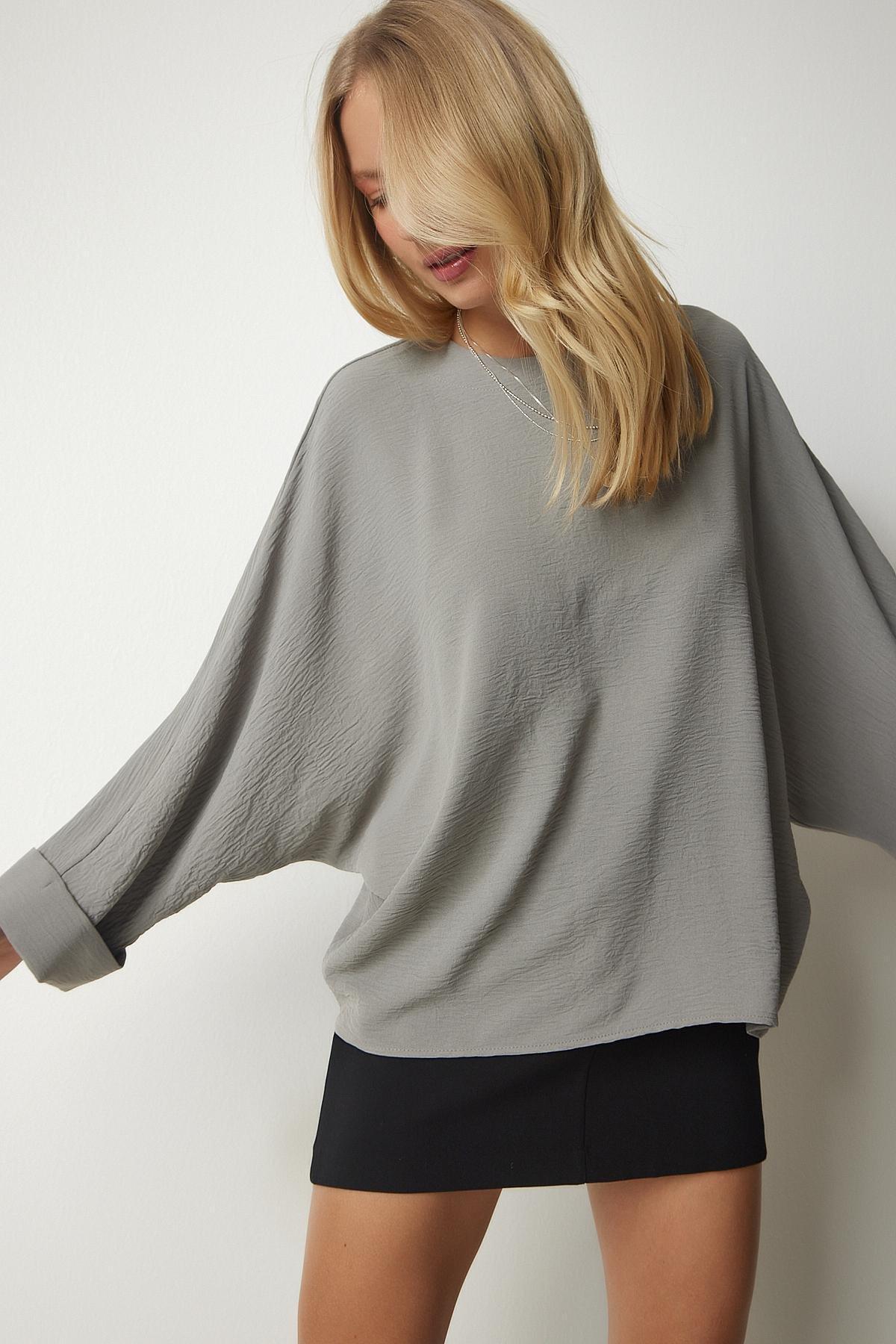 Gray Bat Sleeves Flowy Aerobatic Blouse, , large image number 2