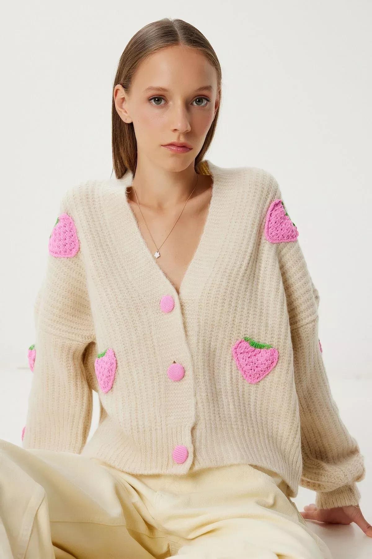 Beige Printed Oversized Knitwear Cardigan, Beige, large image number 0