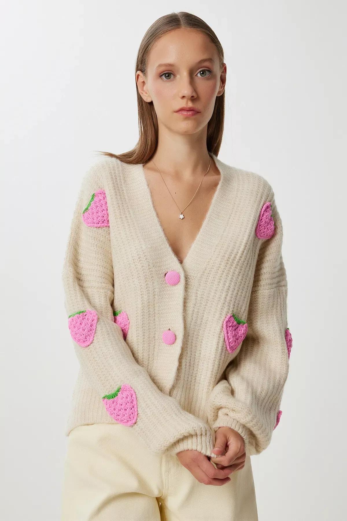 Beige Printed Oversized Knitwear Cardigan, Beige, large image number 1