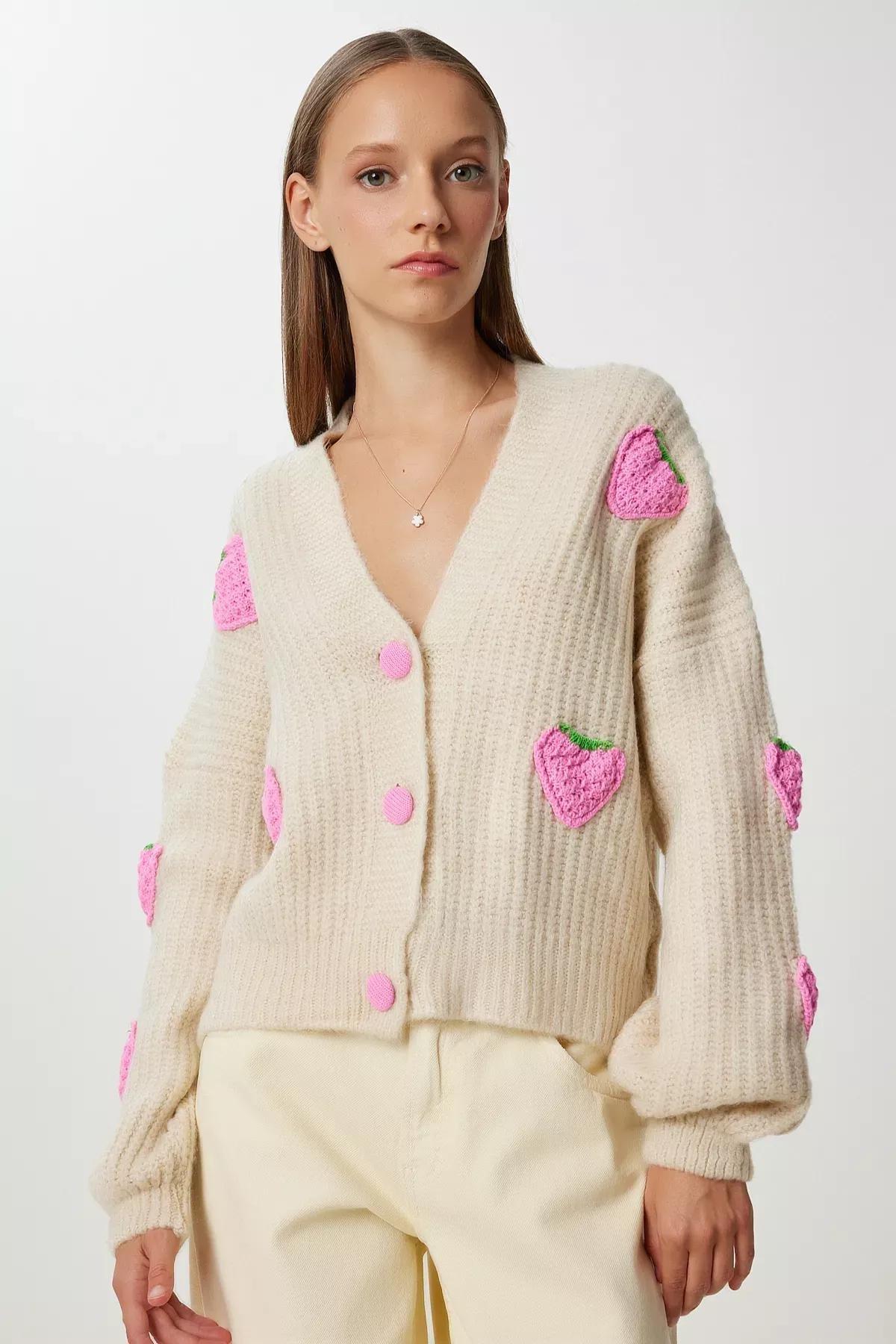 Beige Printed Oversized Knitwear Cardigan, Beige, large image number 2