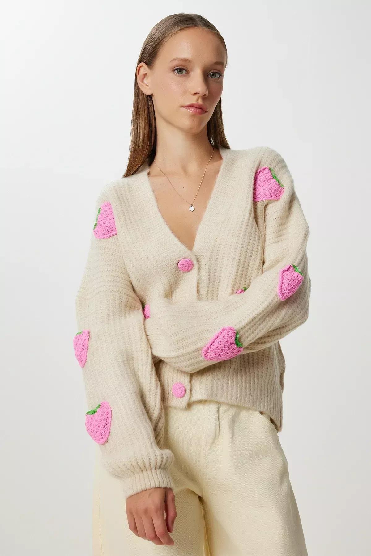 Beige Printed Oversized Knitwear Cardigan, Beige, large image number 3