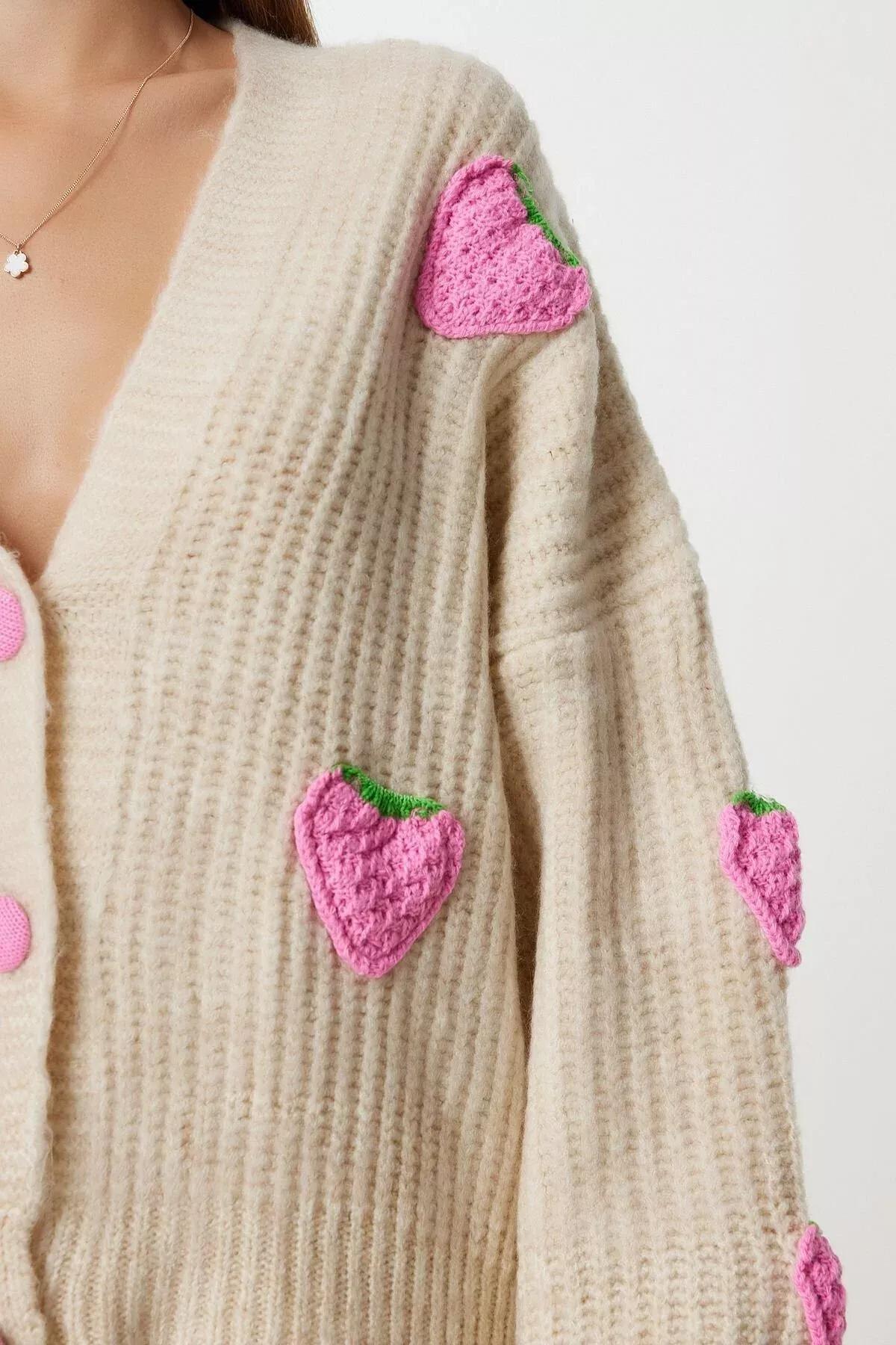 Beige Printed Oversized Knitwear Cardigan, Beige, large image number 4