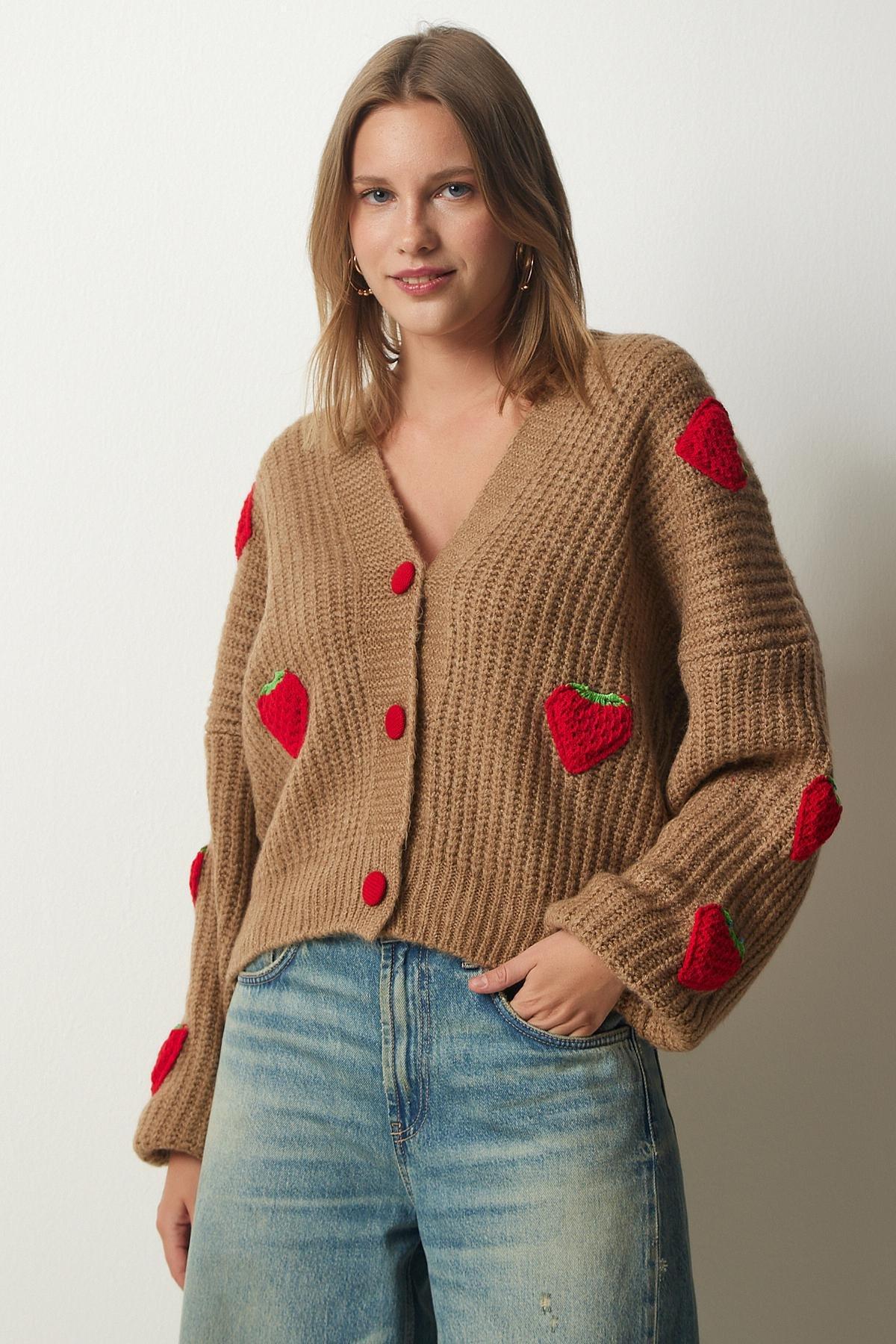 Brown Printed Oversize Knitwear Cardigan, Tan, large image number 1