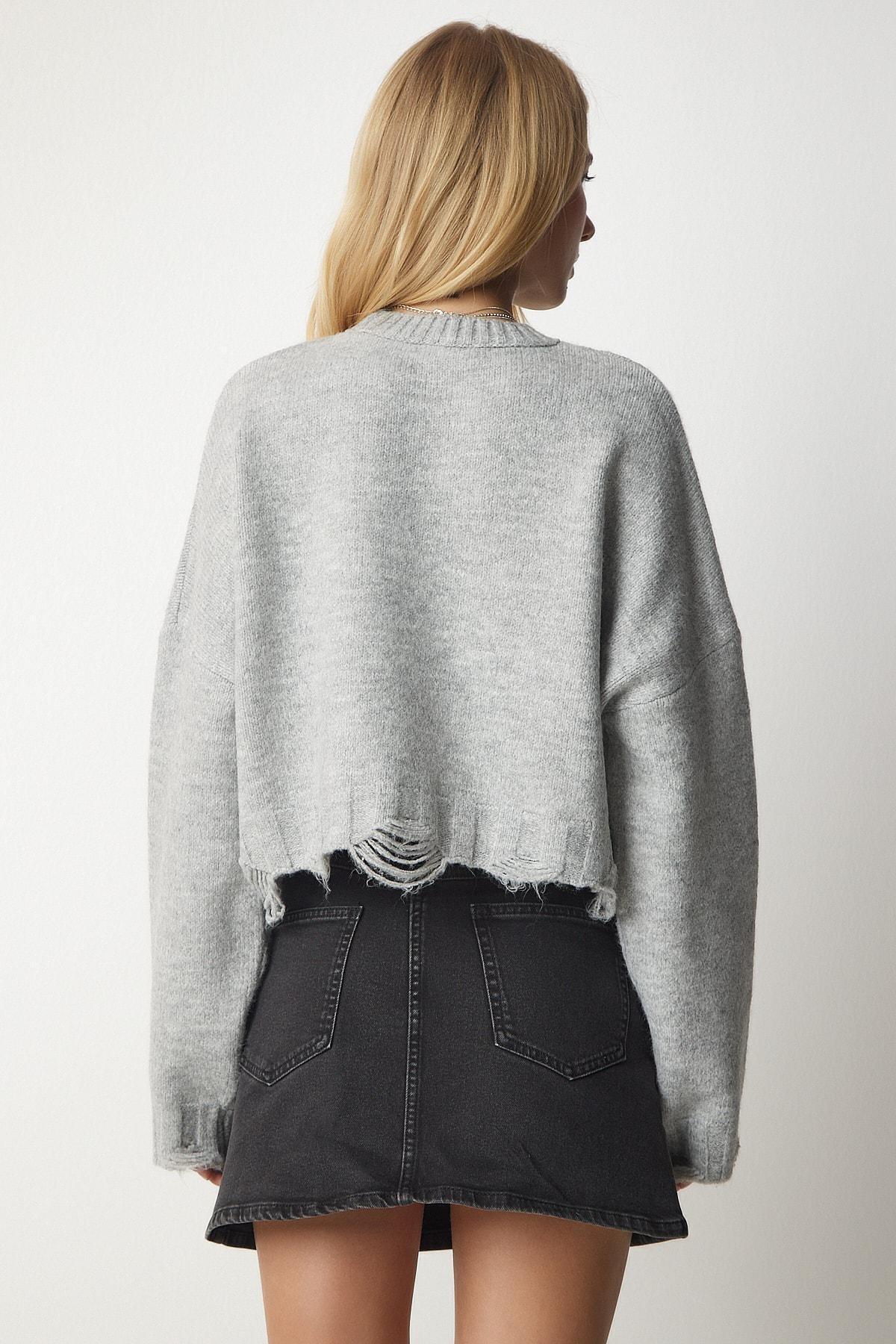 Gray Torn Detailed Knitwear Sweater, C101_1653, large image number 6