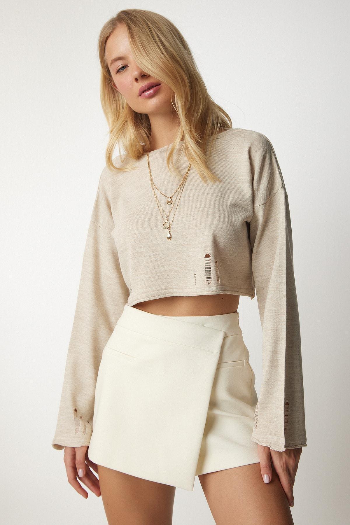 Beige Torn Detailed Knitwear Crop Sweater, Beige, large image number 1