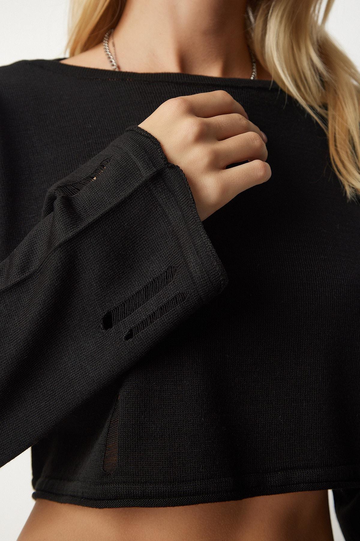 Black Ripped Detailed Knitwear Crop Sweater, BLACK, large image number 3
