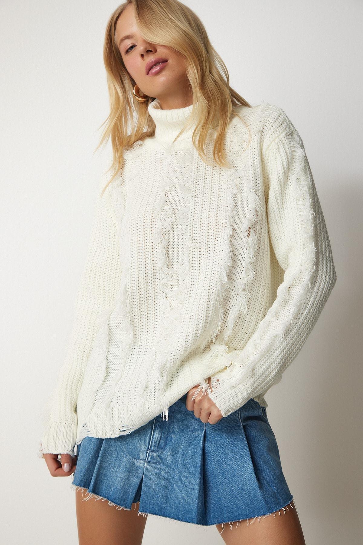 White Detailed Knitwear Sweater, Bone, large image number 0